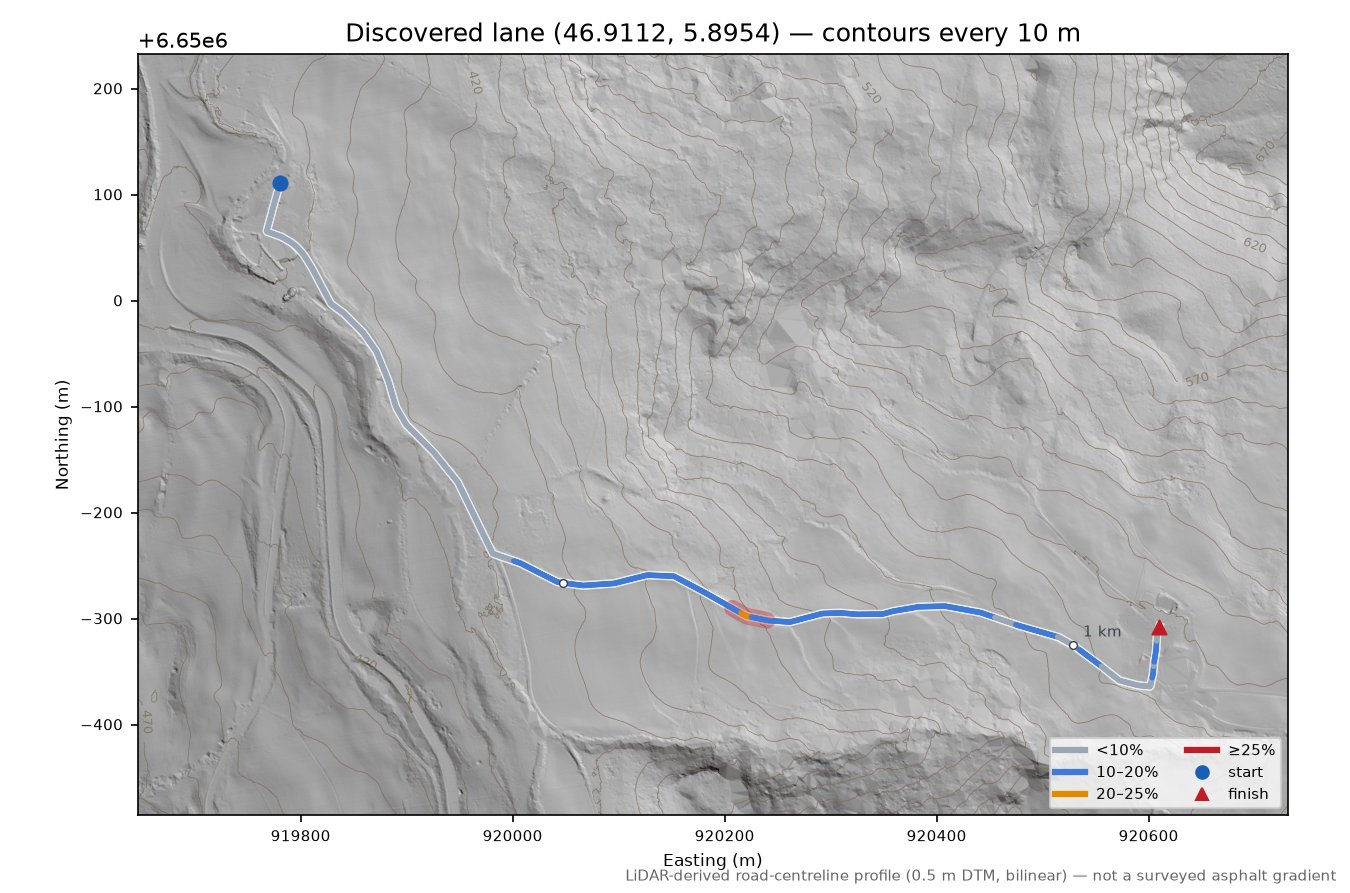 Discovered lane (46.9112, 5.8954) LiDAR hillshade map with contours