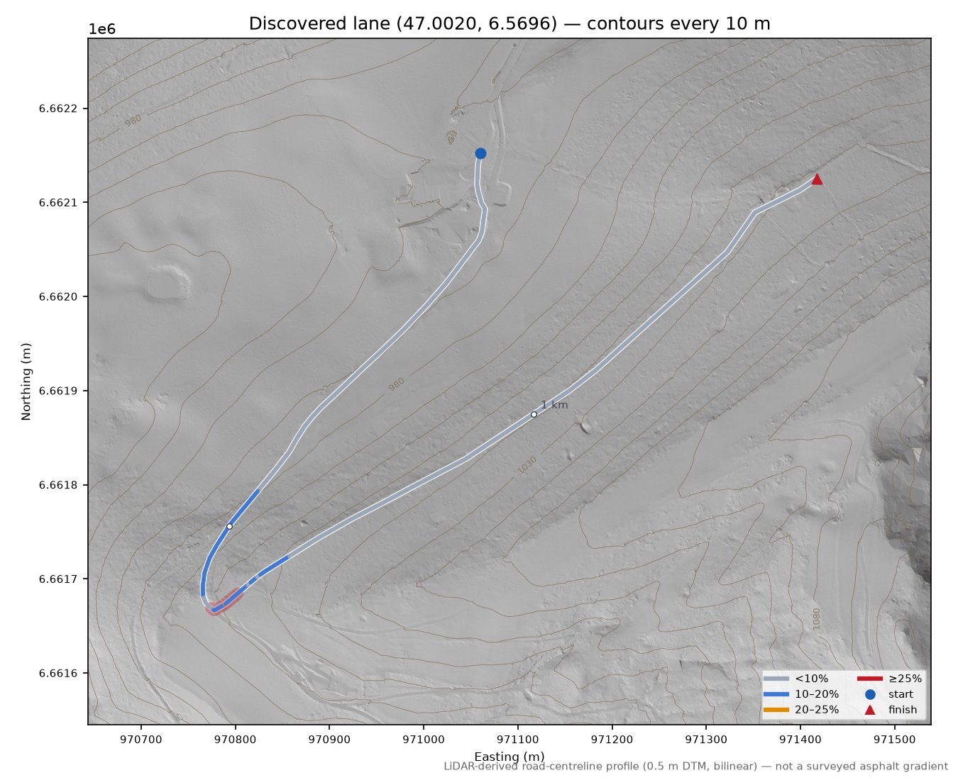 Discovered lane (47.0020, 6.5696) LiDAR hillshade map with contours