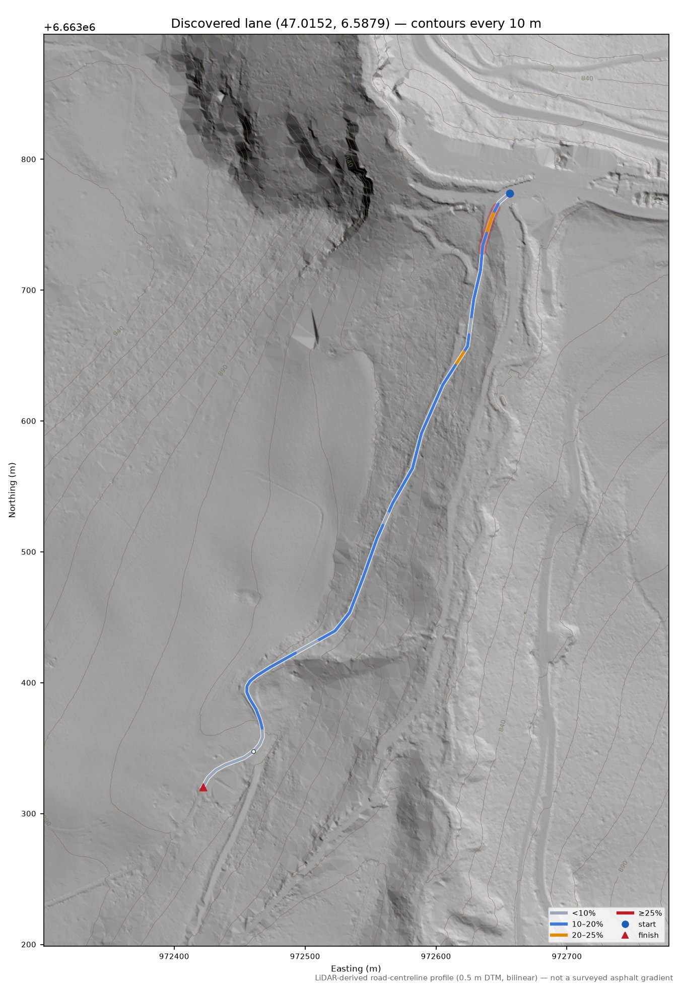 Discovered lane (47.0152, 6.5879) LiDAR hillshade map with contours