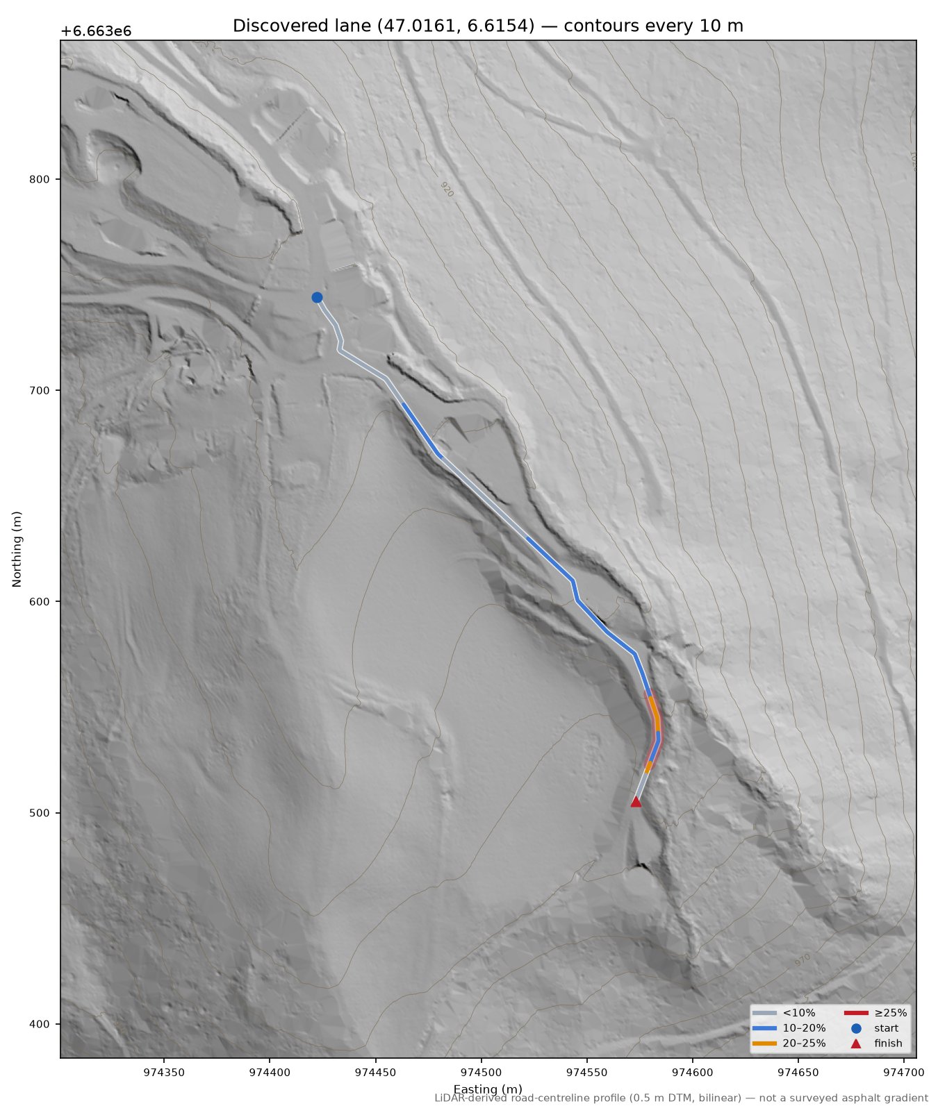 Discovered lane (47.0161, 6.6154) LiDAR hillshade map with contours