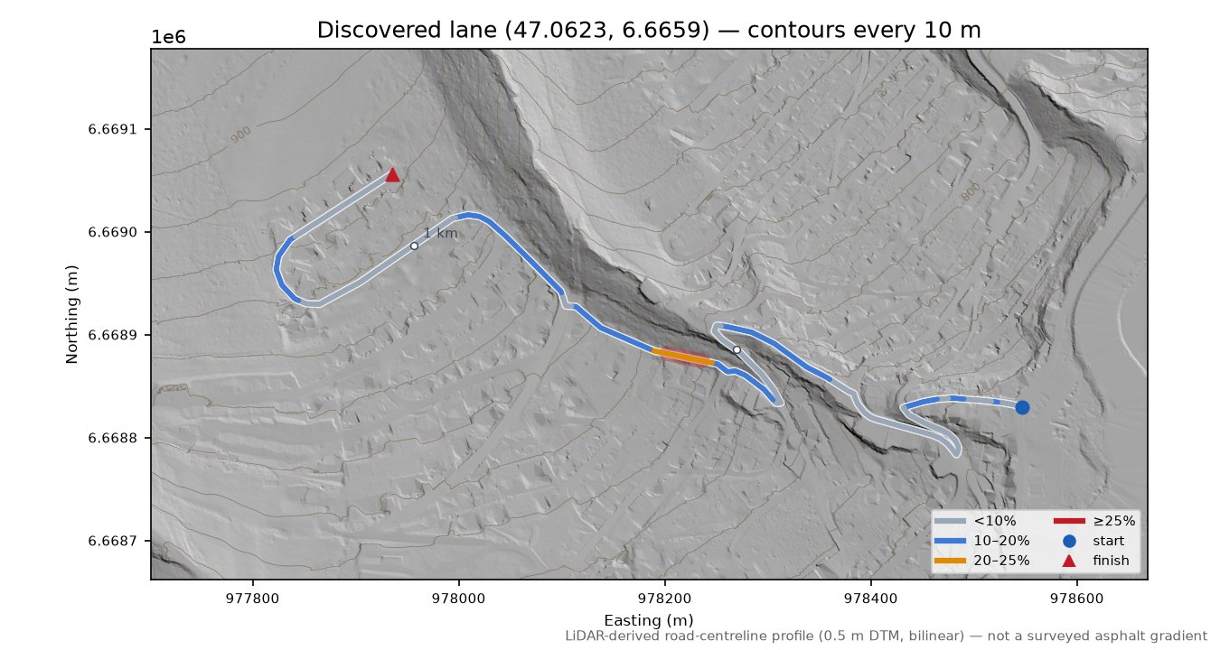 Discovered lane (47.0623, 6.6659) LiDAR hillshade map with contours