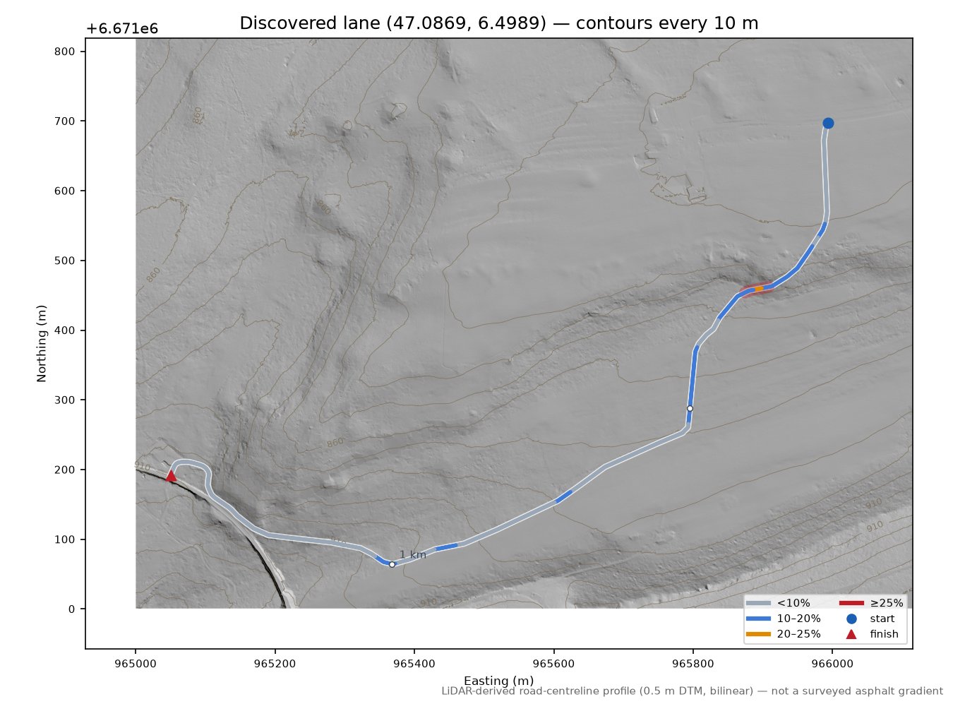 Discovered lane (47.0869, 6.4989) LiDAR hillshade map with contours