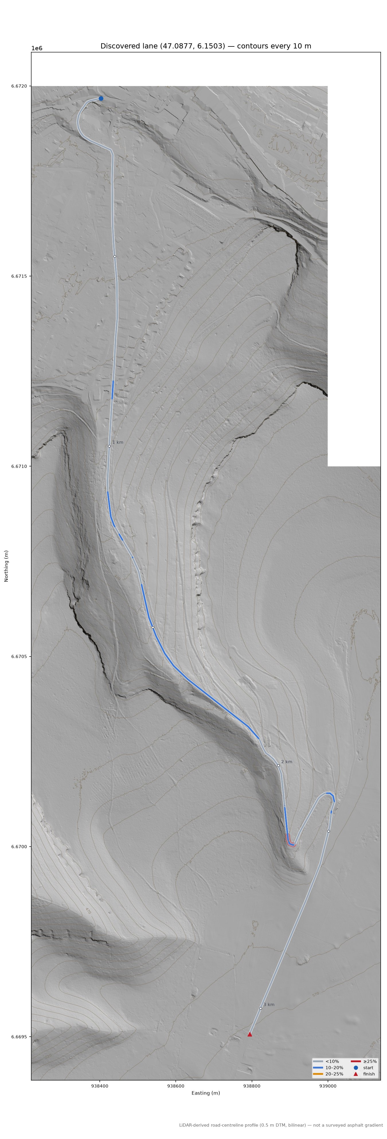 Discovered lane (47.0877, 6.1503) LiDAR hillshade map with contours