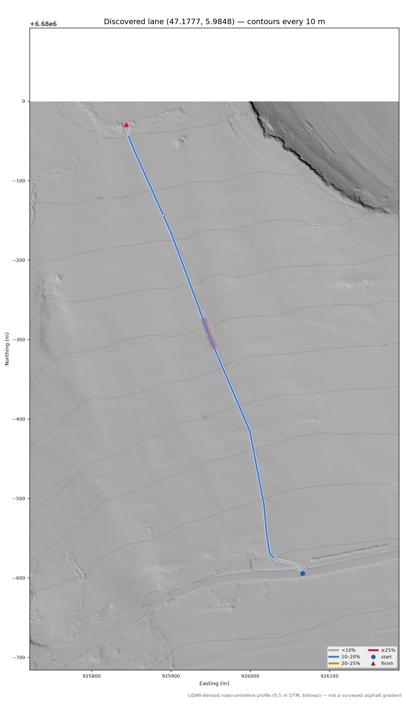 Discovered lane (47.1777, 5.9848) LiDAR hillshade map with contours
