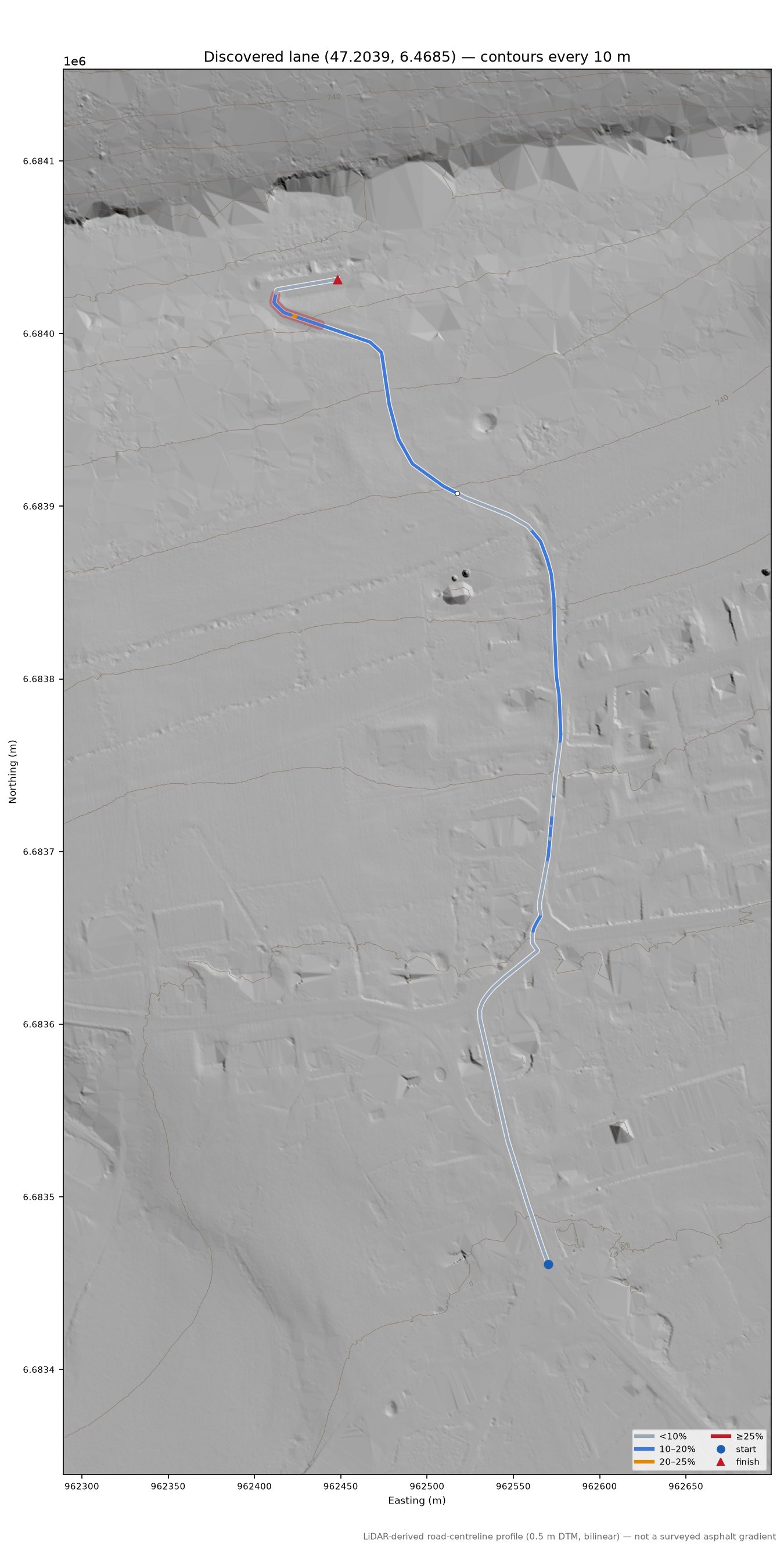 Discovered lane (47.2039, 6.4685) LiDAR hillshade map with contours