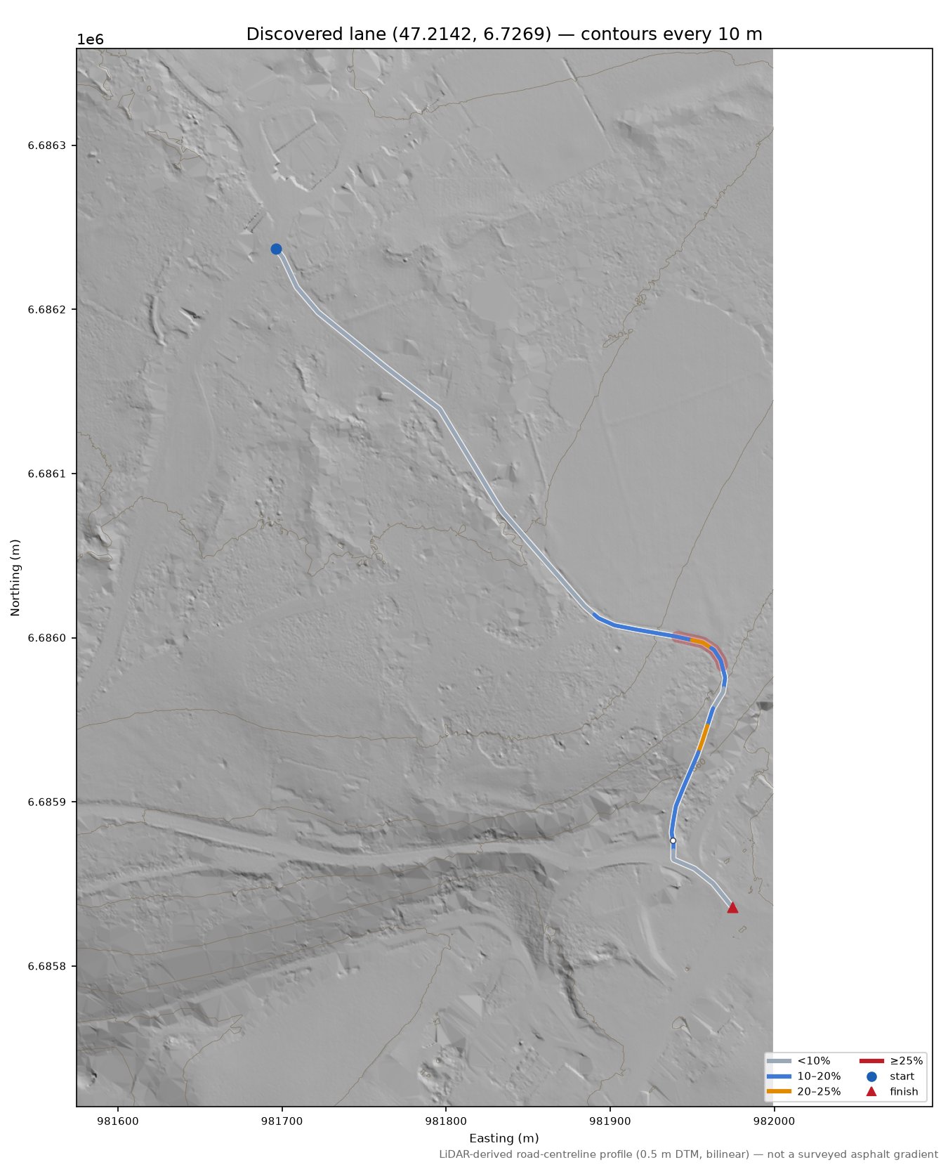 Discovered lane (47.2142, 6.7269) LiDAR hillshade map with contours