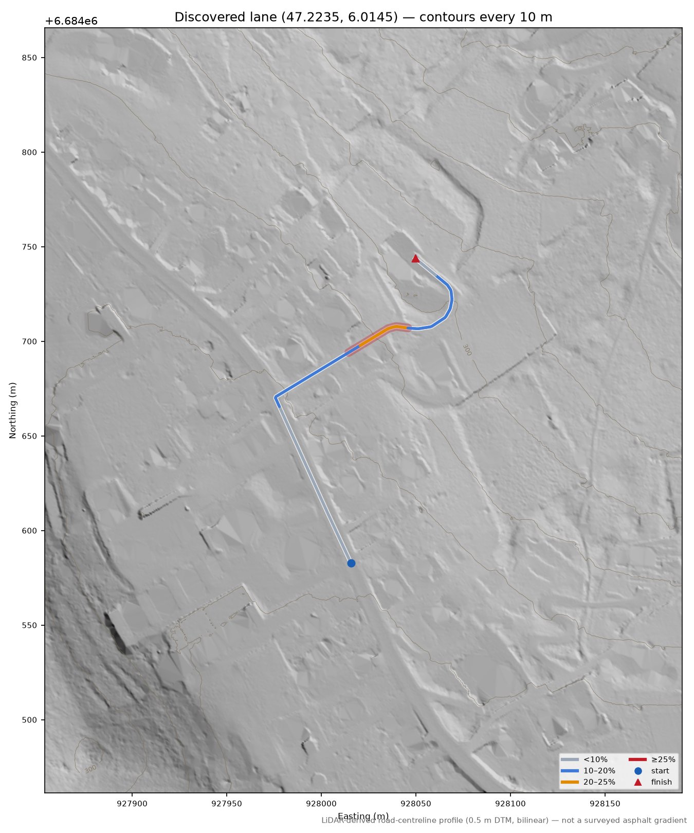 Discovered lane (47.2235, 6.0145) LiDAR hillshade map with contours