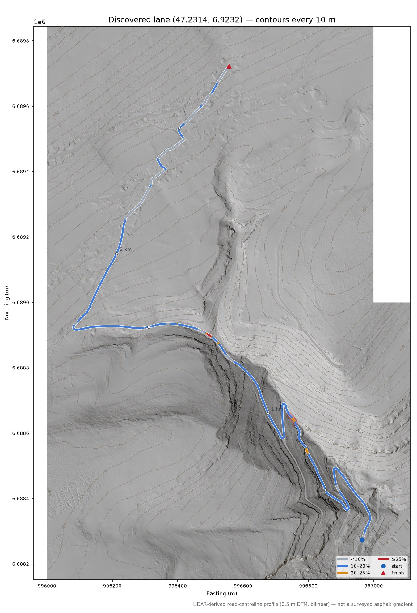 Discovered lane (47.2314, 6.9232) LiDAR hillshade map with contours