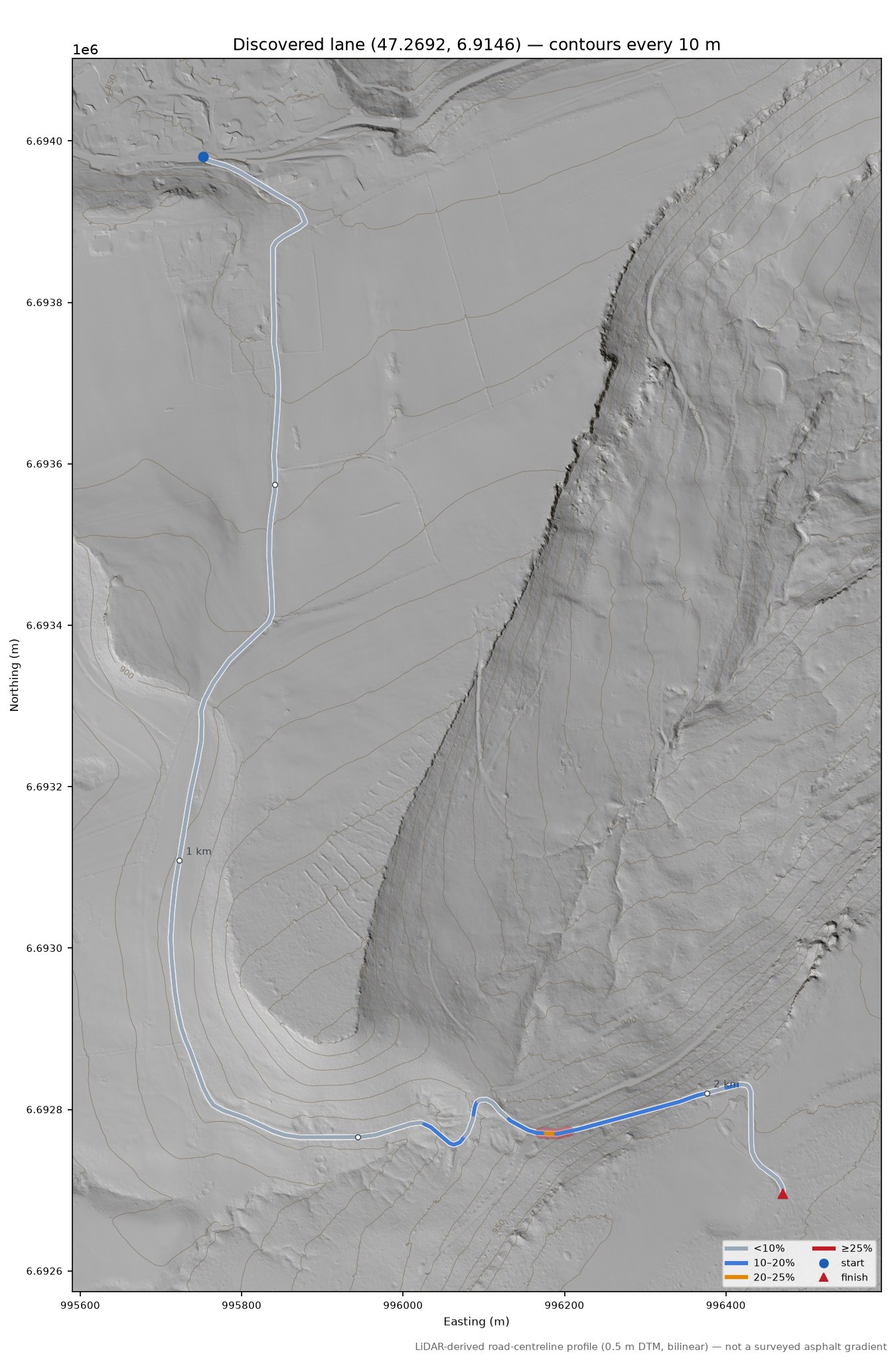 Discovered lane (47.2692, 6.9146) LiDAR hillshade map with contours