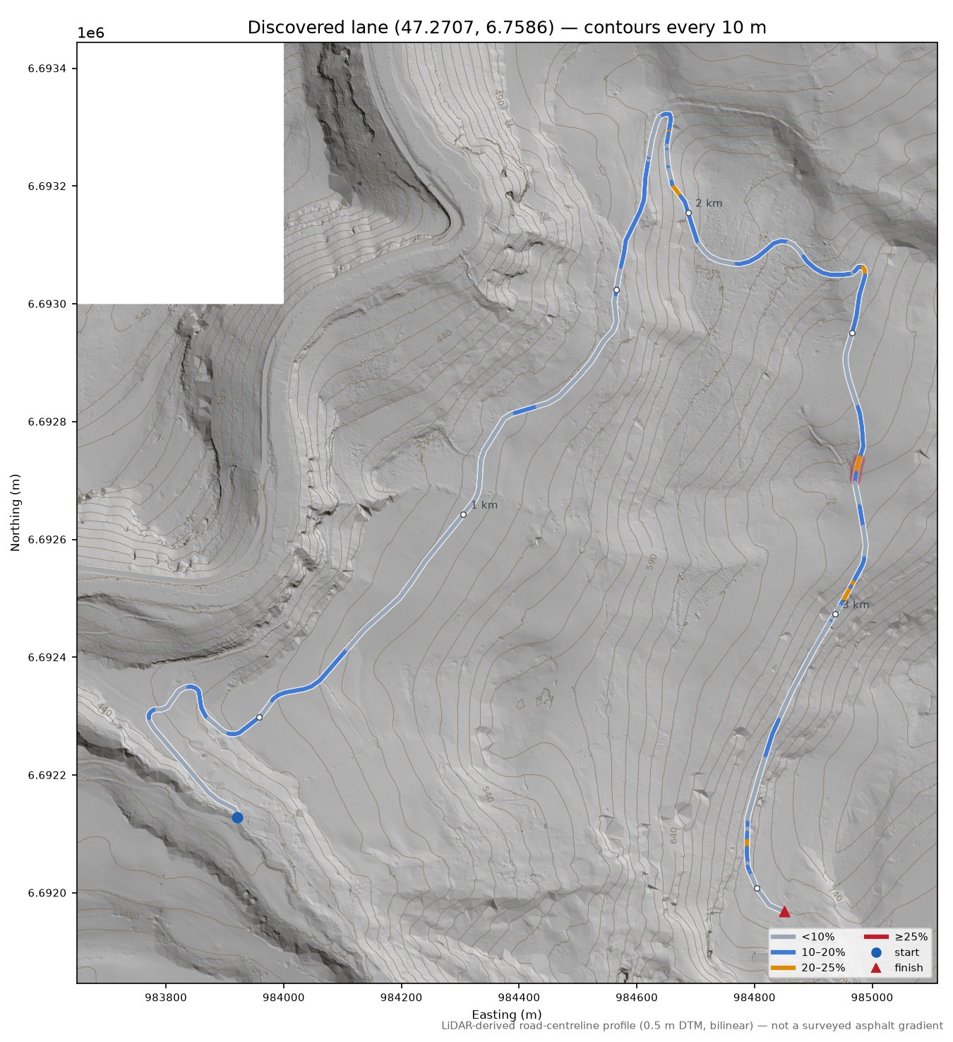 Discovered lane (47.2707, 6.7586) LiDAR hillshade map with contours