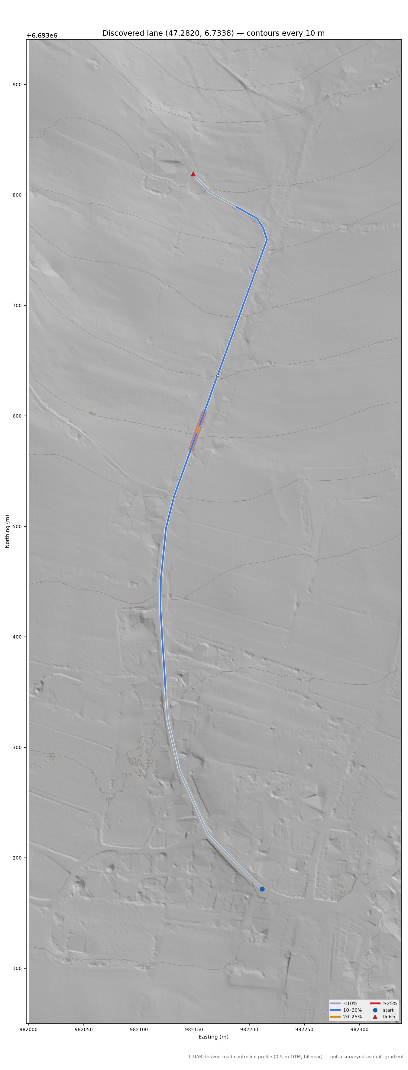 Discovered lane (47.2820, 6.7338) LiDAR hillshade map with contours