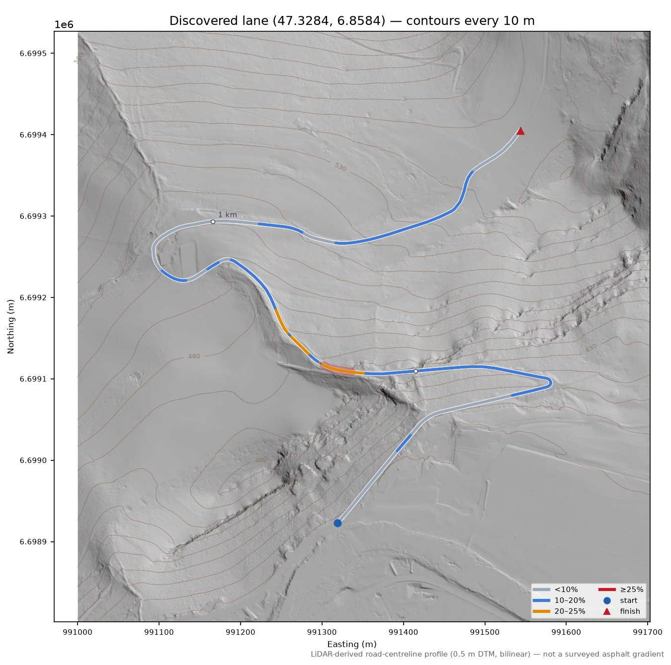 Discovered lane (47.3284, 6.8584) LiDAR hillshade map with contours