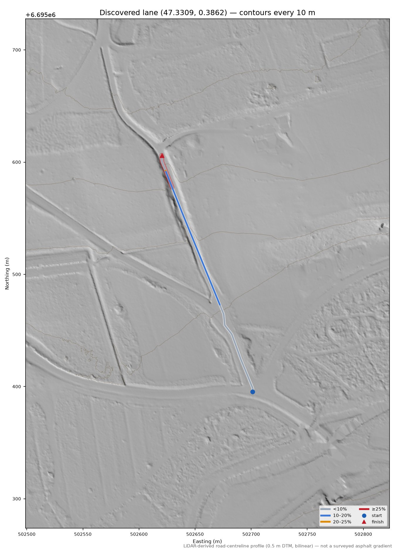 Discovered lane (47.3309, 0.3862) LiDAR hillshade map with contours