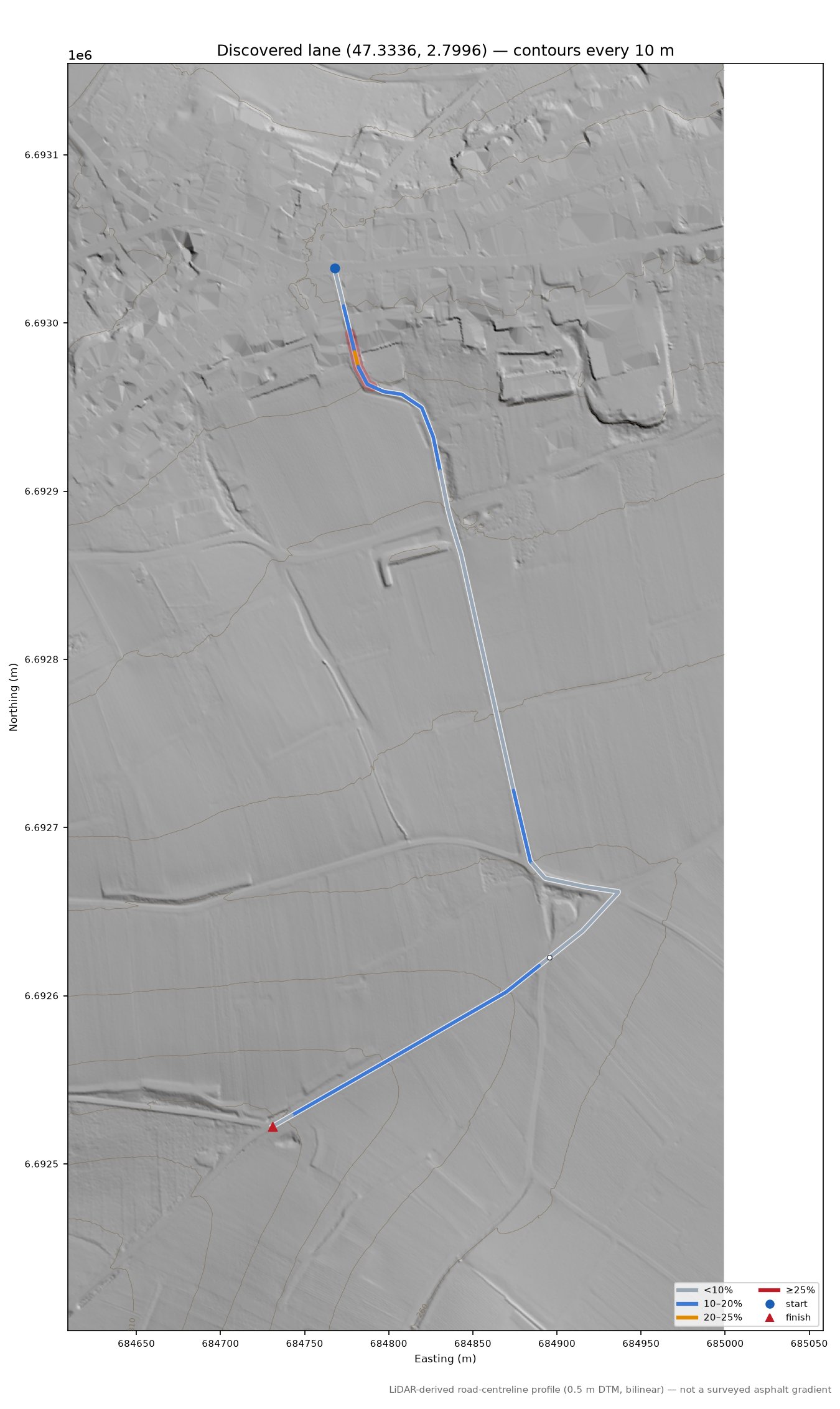 Discovered lane (47.3336, 2.7996) LiDAR hillshade map with contours
