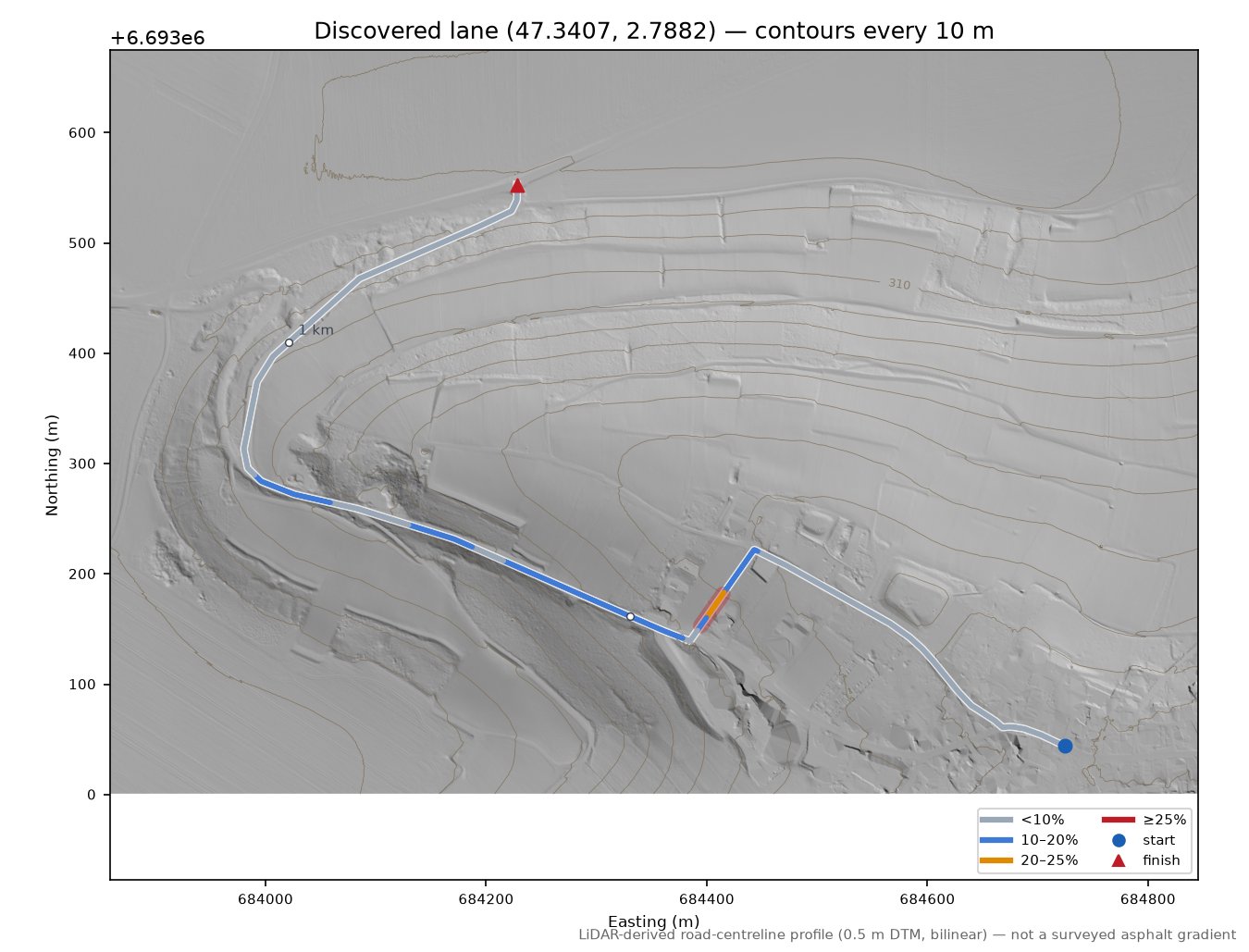 Discovered lane (47.3407, 2.7882) LiDAR hillshade map with contours
