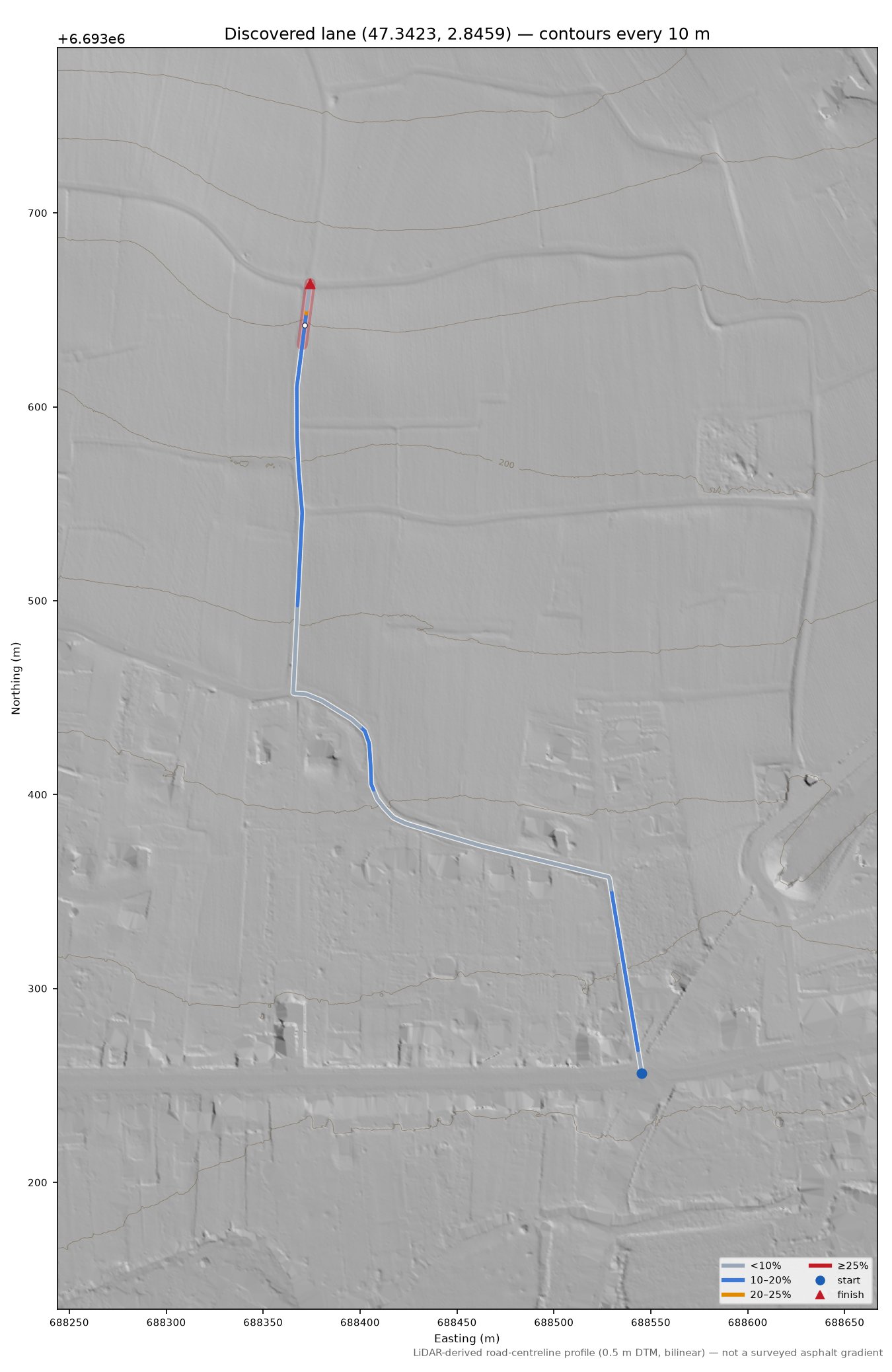 Discovered lane (47.3423, 2.8459) LiDAR hillshade map with contours