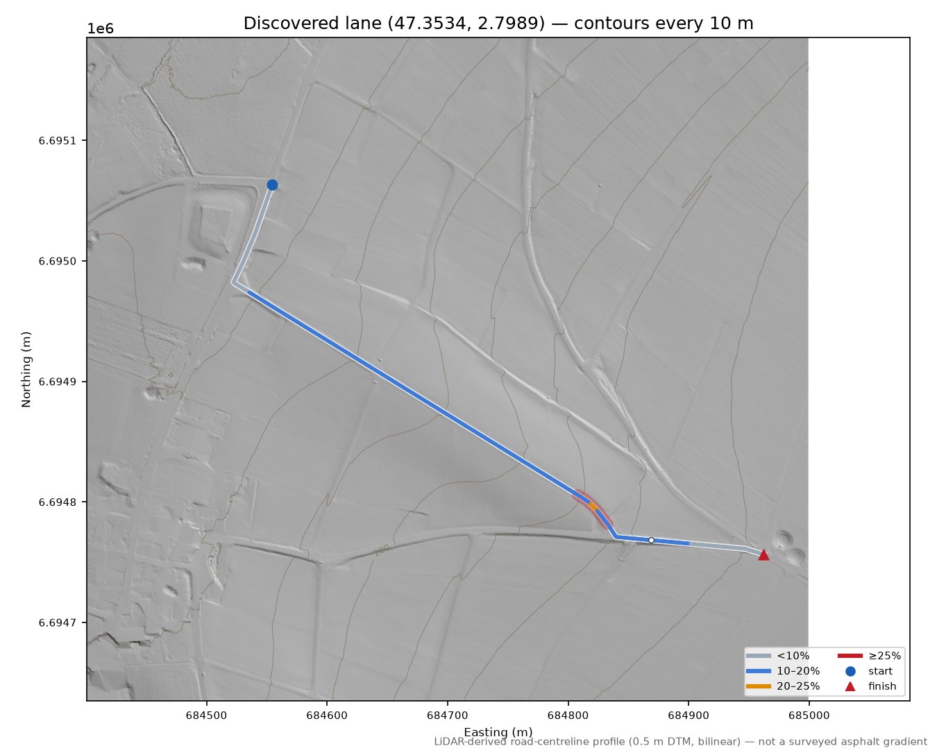 Discovered lane (47.3534, 2.7989) LiDAR hillshade map with contours