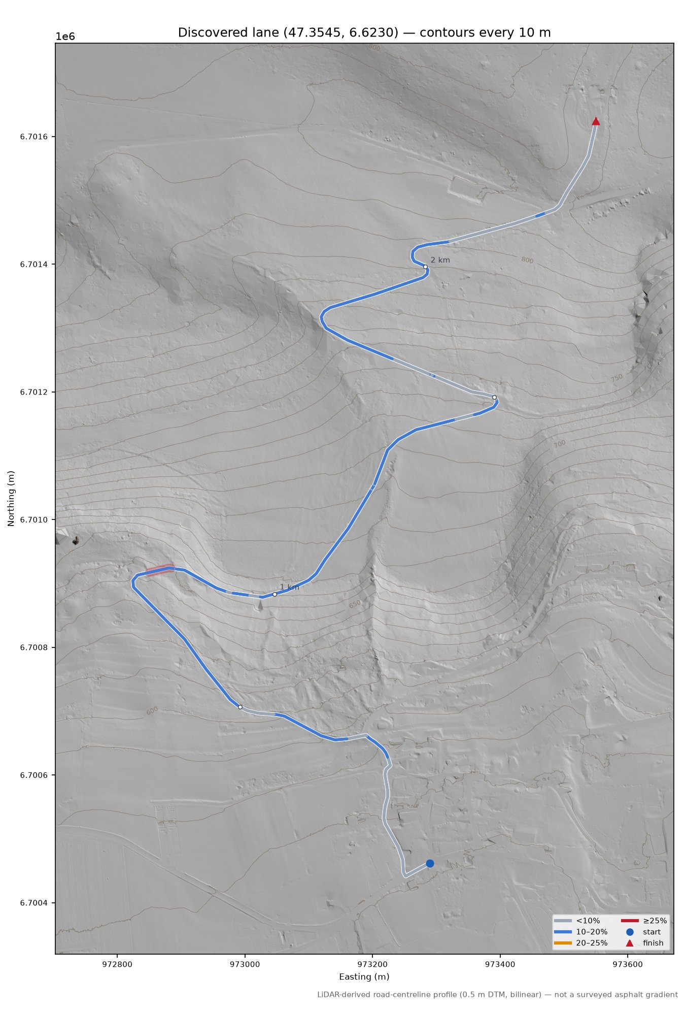 Discovered lane (47.3545, 6.6230) LiDAR hillshade map with contours
