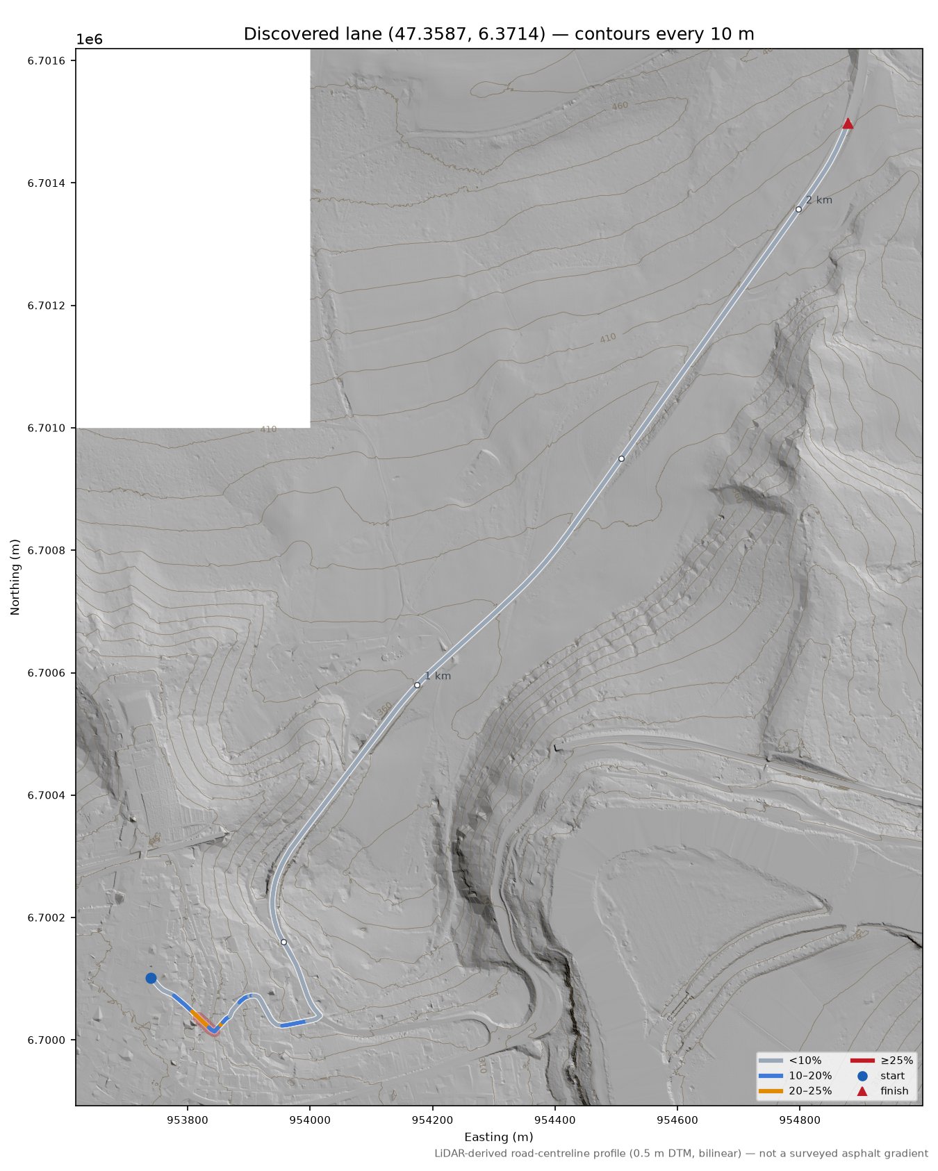 Discovered lane (47.3587, 6.3714) LiDAR hillshade map with contours