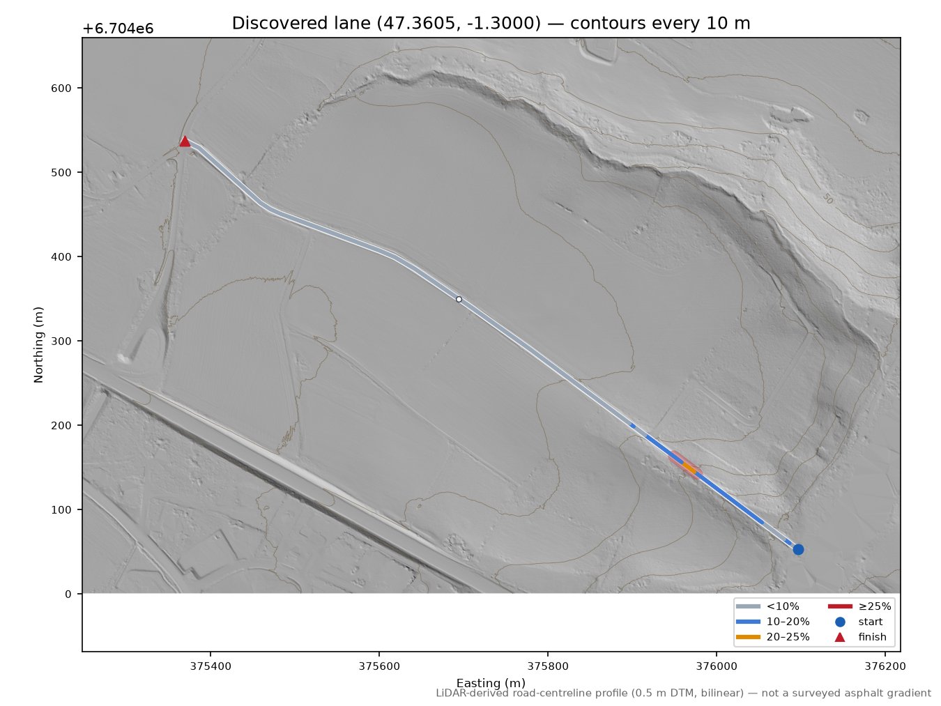 Discovered lane (47.3605, -1.3000) LiDAR hillshade map with contours