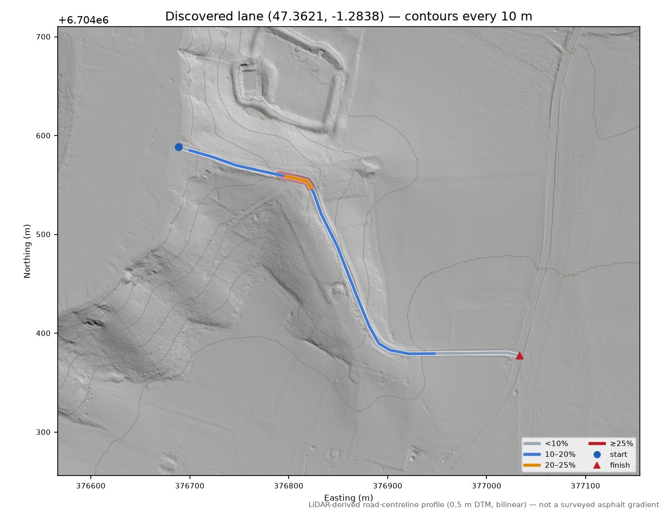 Discovered lane (47.3621, -1.2838) LiDAR hillshade map with contours