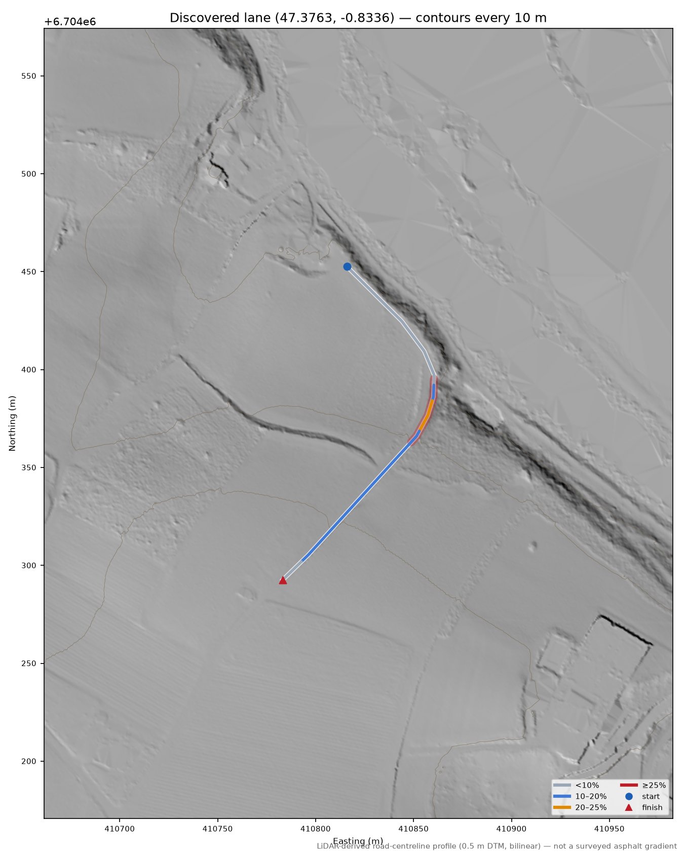 Discovered lane (47.3763, -0.8336) LiDAR hillshade map with contours