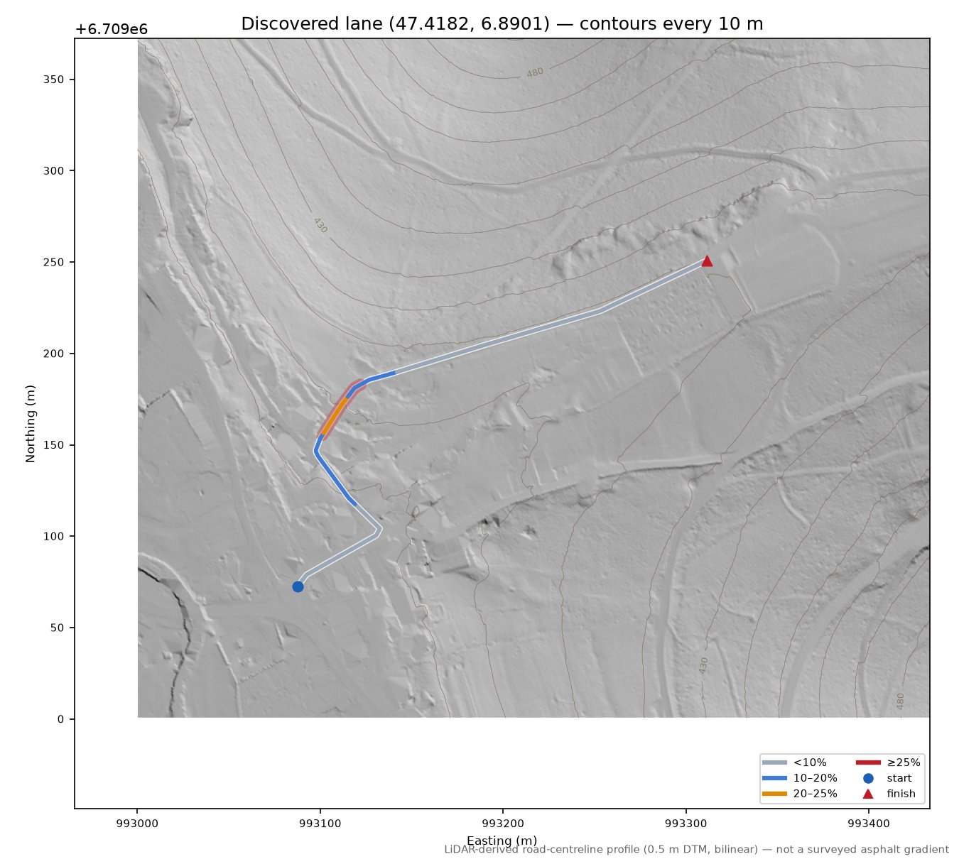Discovered lane (47.4182, 6.8901) LiDAR hillshade map with contours