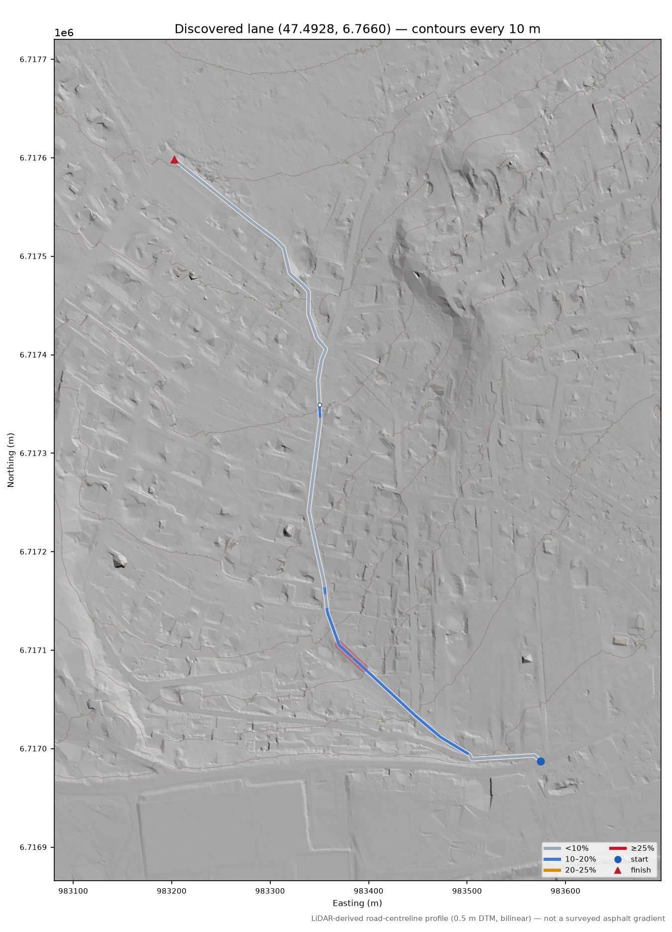 Discovered lane (47.4928, 6.7660) LiDAR hillshade map with contours