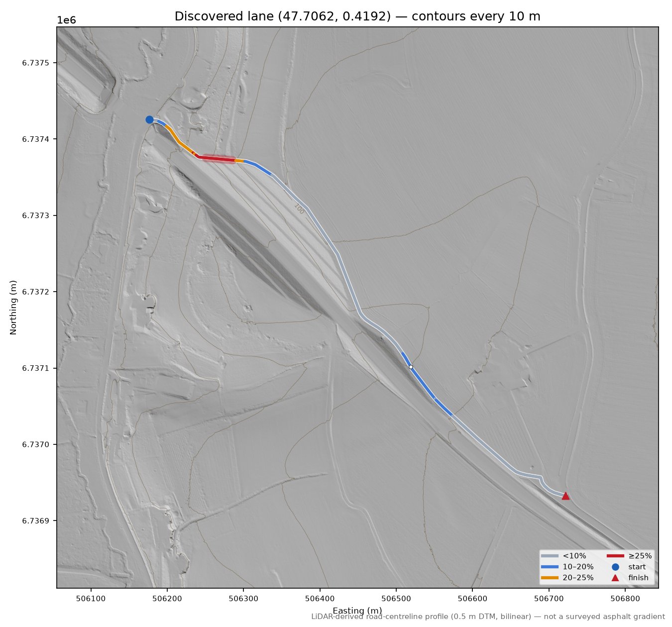Discovered lane (47.7062, 0.4192) LiDAR hillshade map with contours