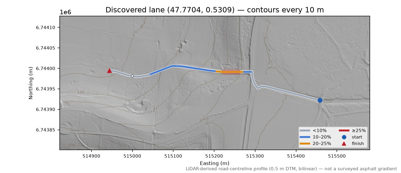 Discovered lane (47.7704, 0.5309) LiDAR hillshade map with contours