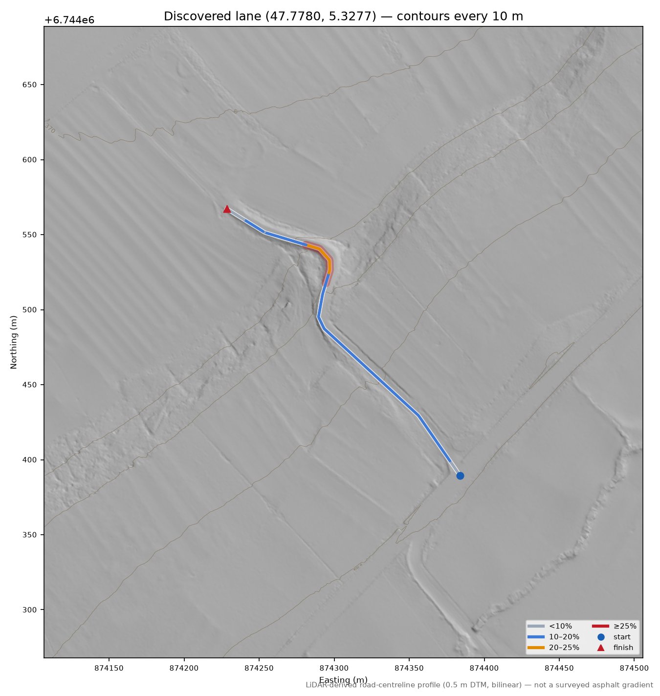 Discovered lane (47.7780, 5.3277) LiDAR hillshade map with contours