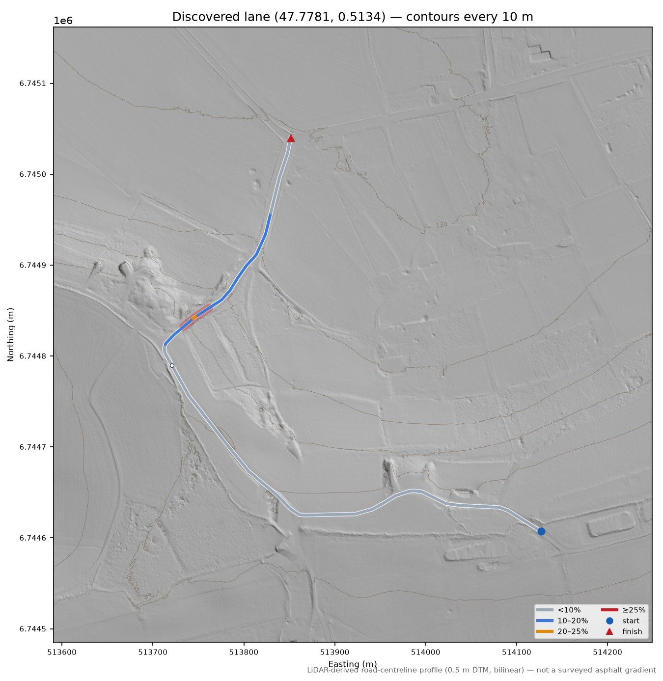 Discovered lane (47.7781, 0.5134) LiDAR hillshade map with contours