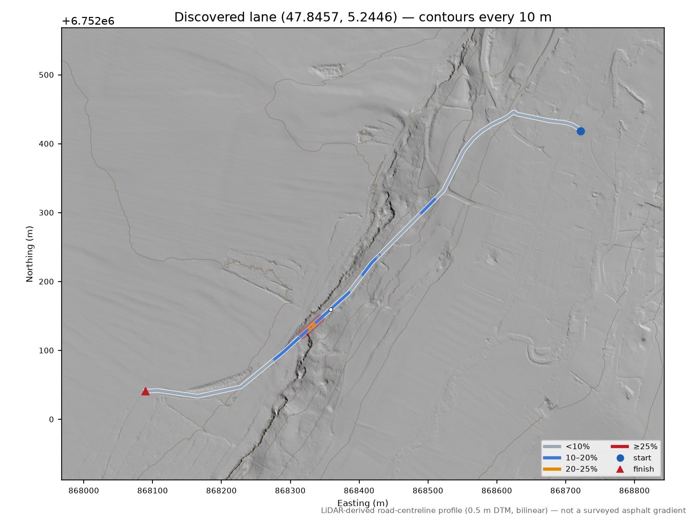 Discovered lane (47.8457, 5.2446) LiDAR hillshade map with contours