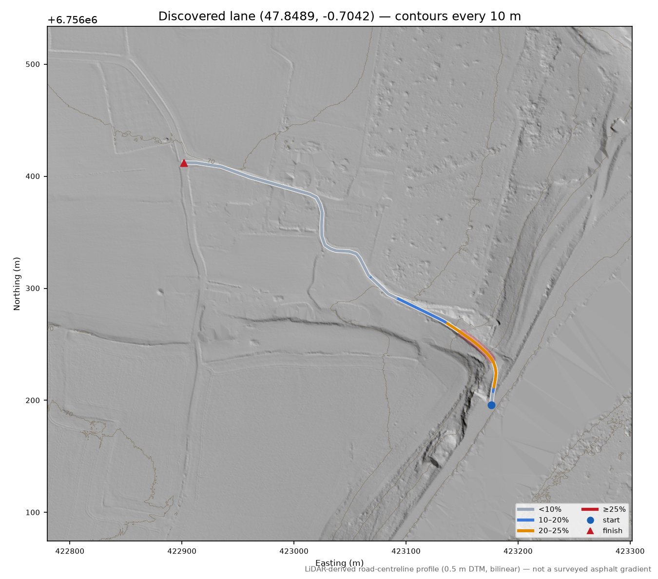 Discovered lane (47.8489, -0.7042) LiDAR hillshade map with contours