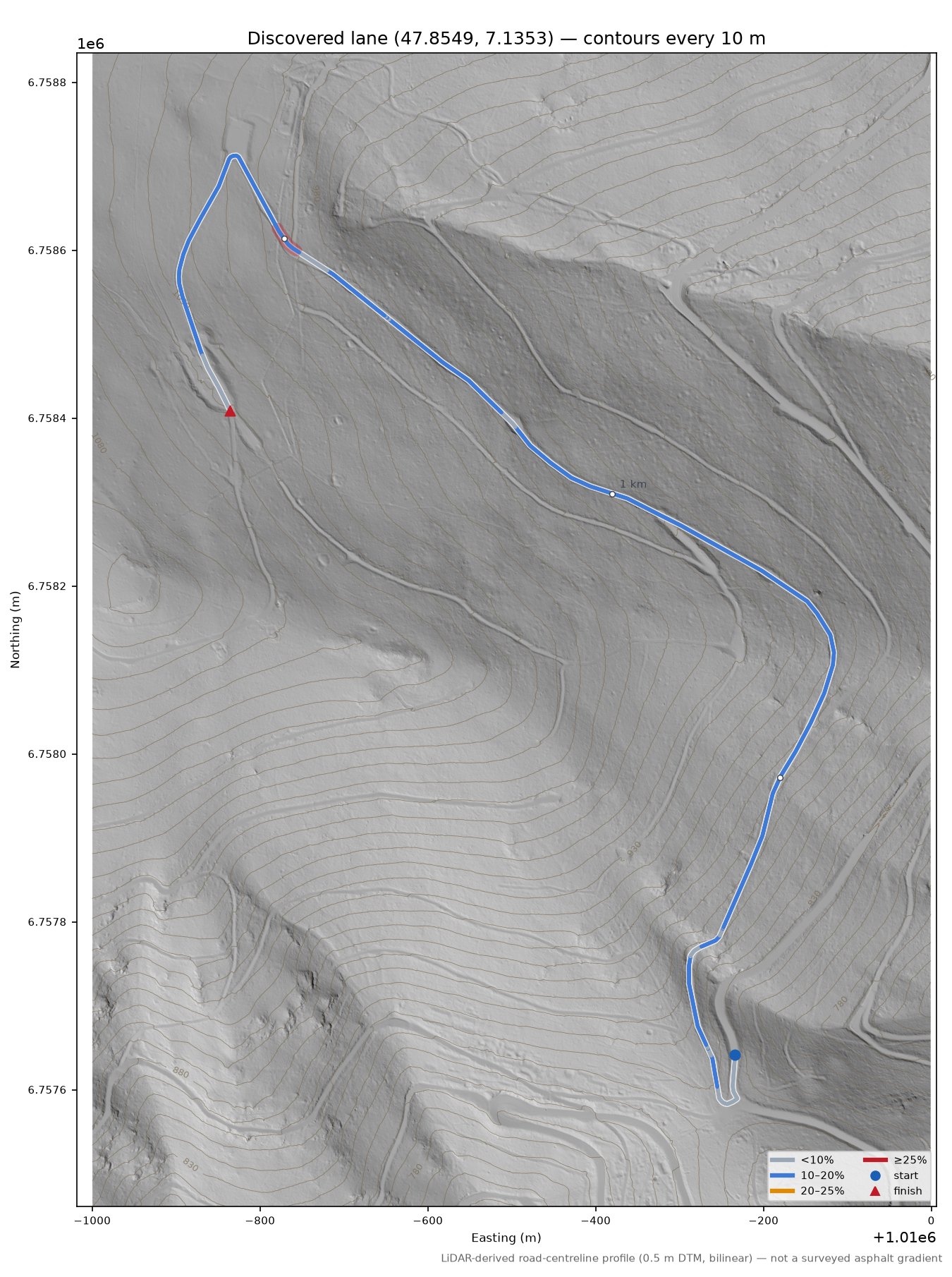 Discovered lane (47.8549, 7.1353) LiDAR hillshade map with contours