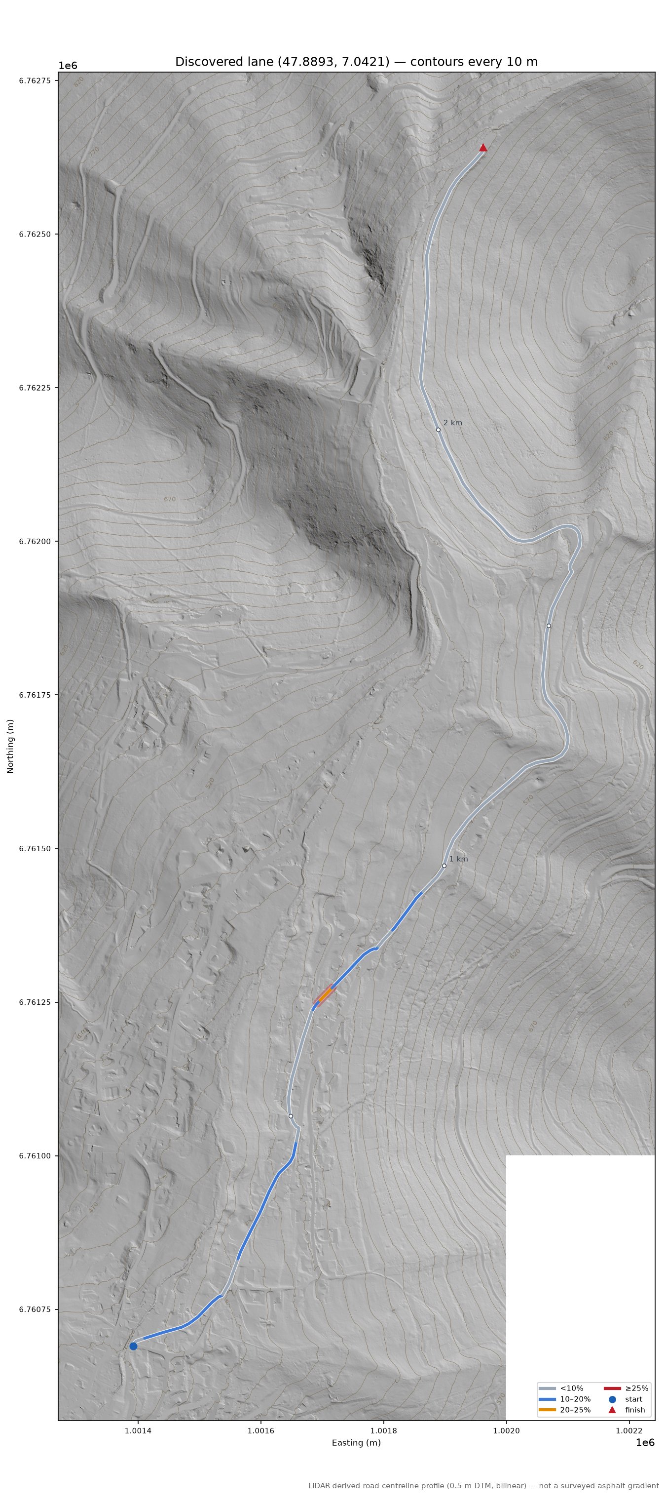 Discovered lane (47.8893, 7.0421) LiDAR hillshade map with contours