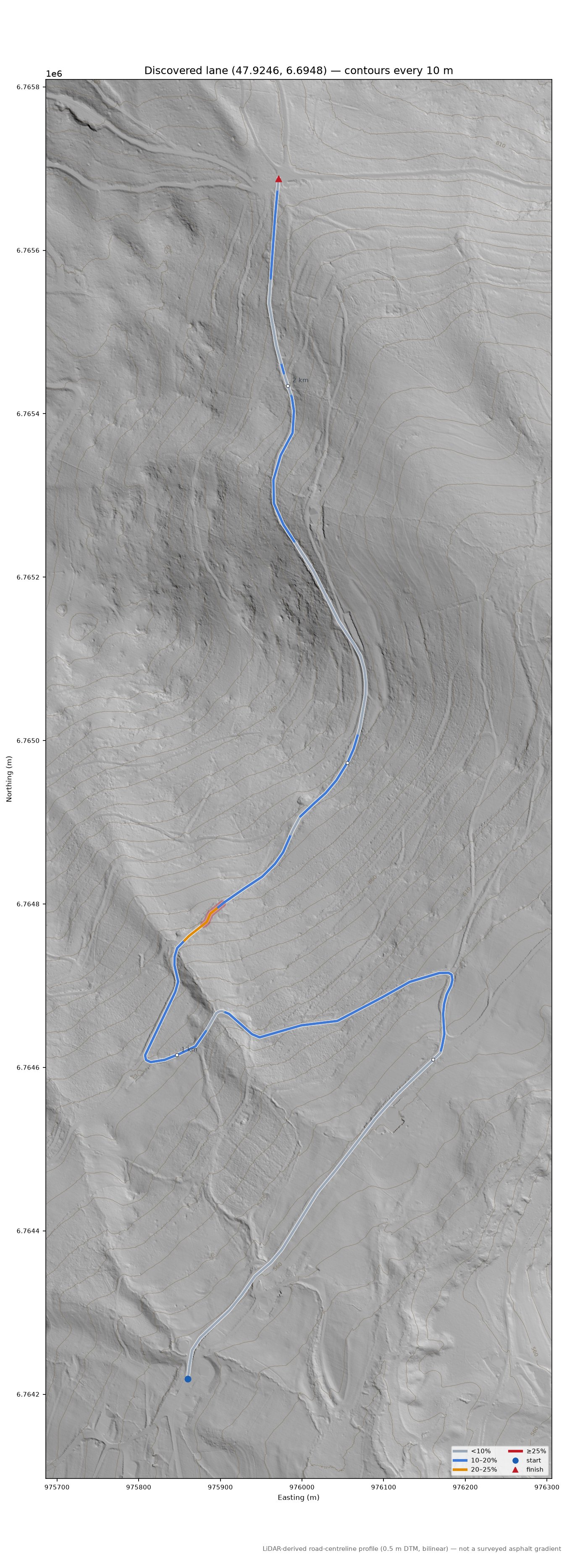 Discovered lane (47.9246, 6.6948) LiDAR hillshade map with contours