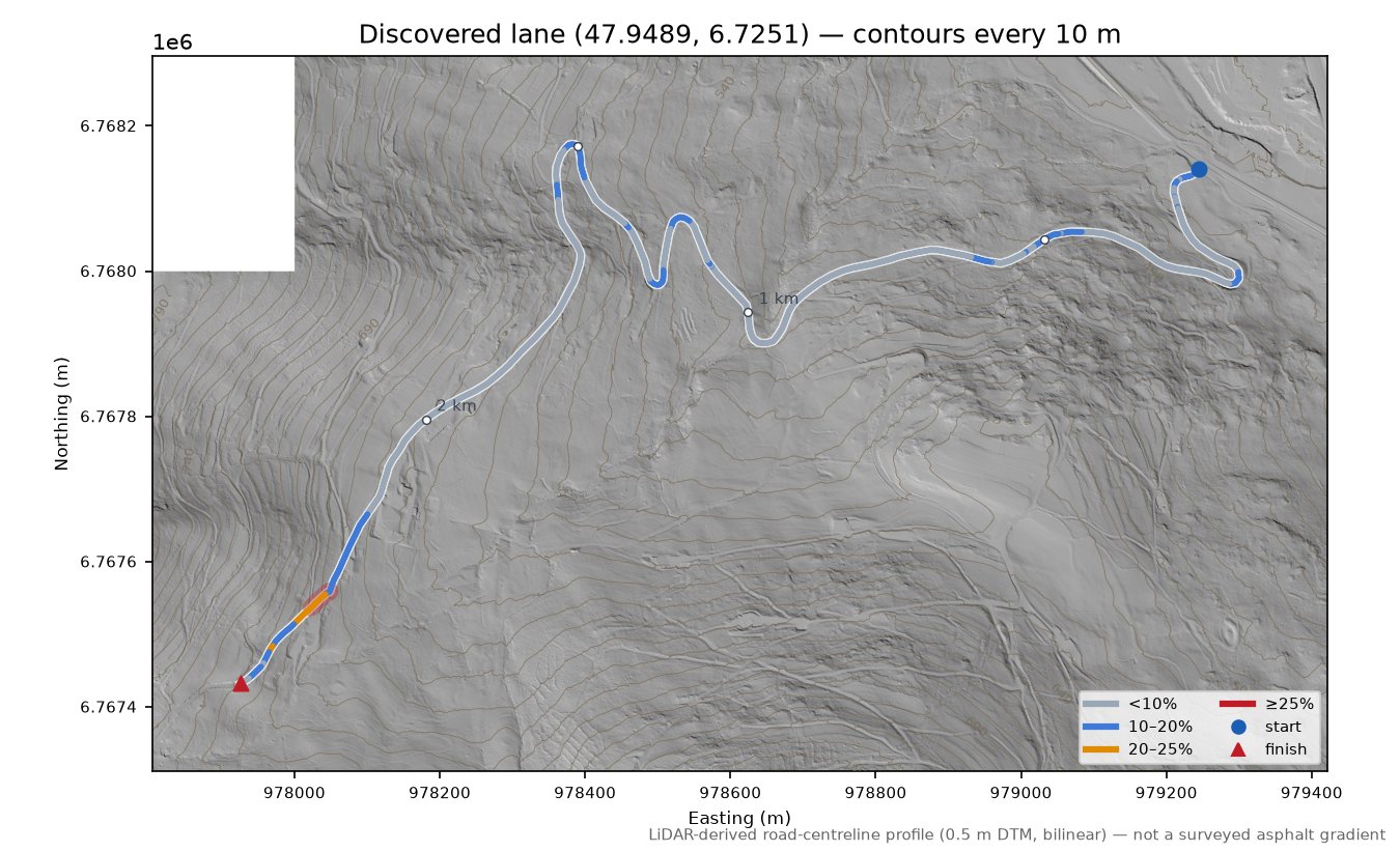 Discovered lane (47.9489, 6.7251) LiDAR hillshade map with contours