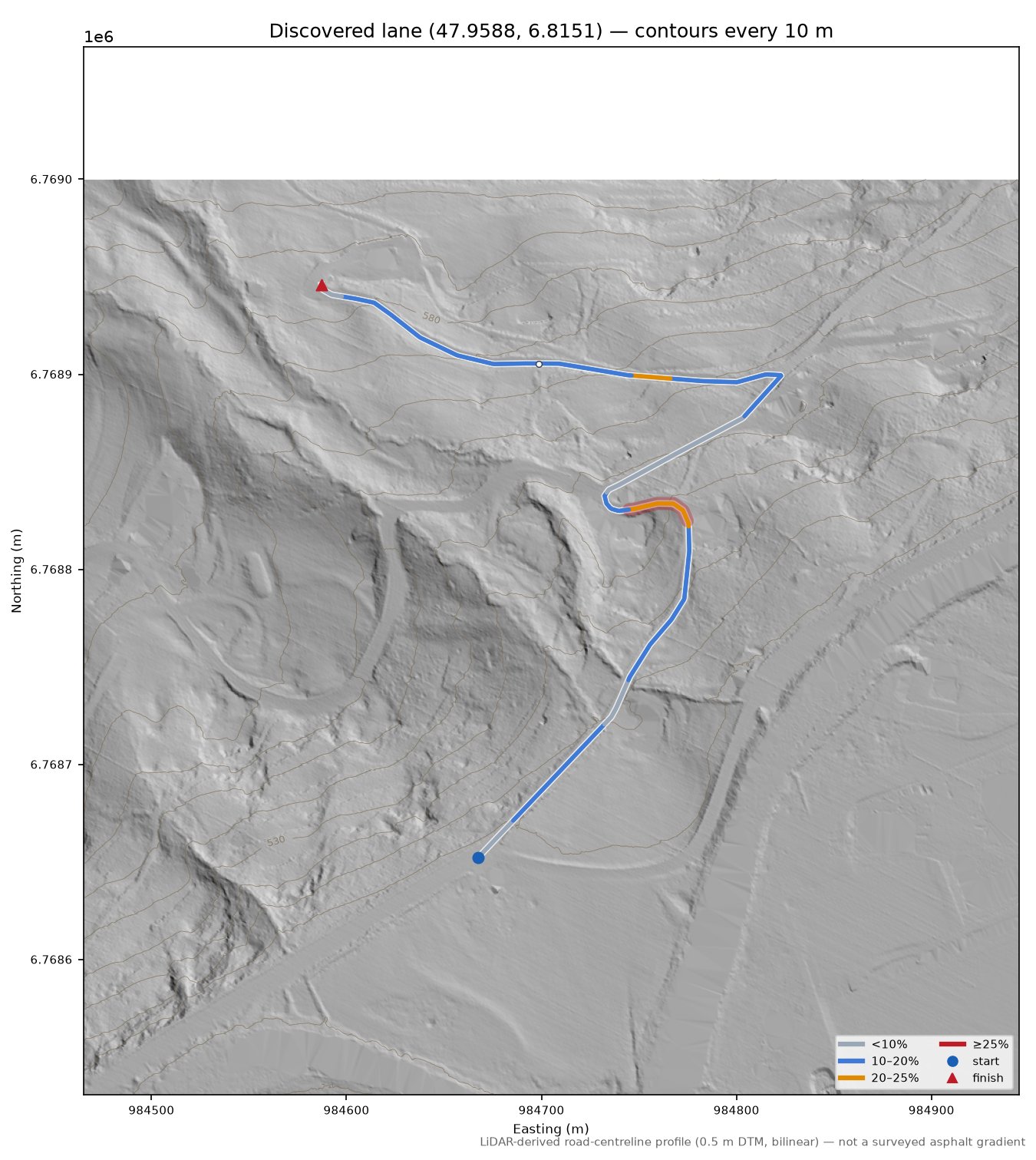 Discovered lane (47.9588, 6.8151) LiDAR hillshade map with contours