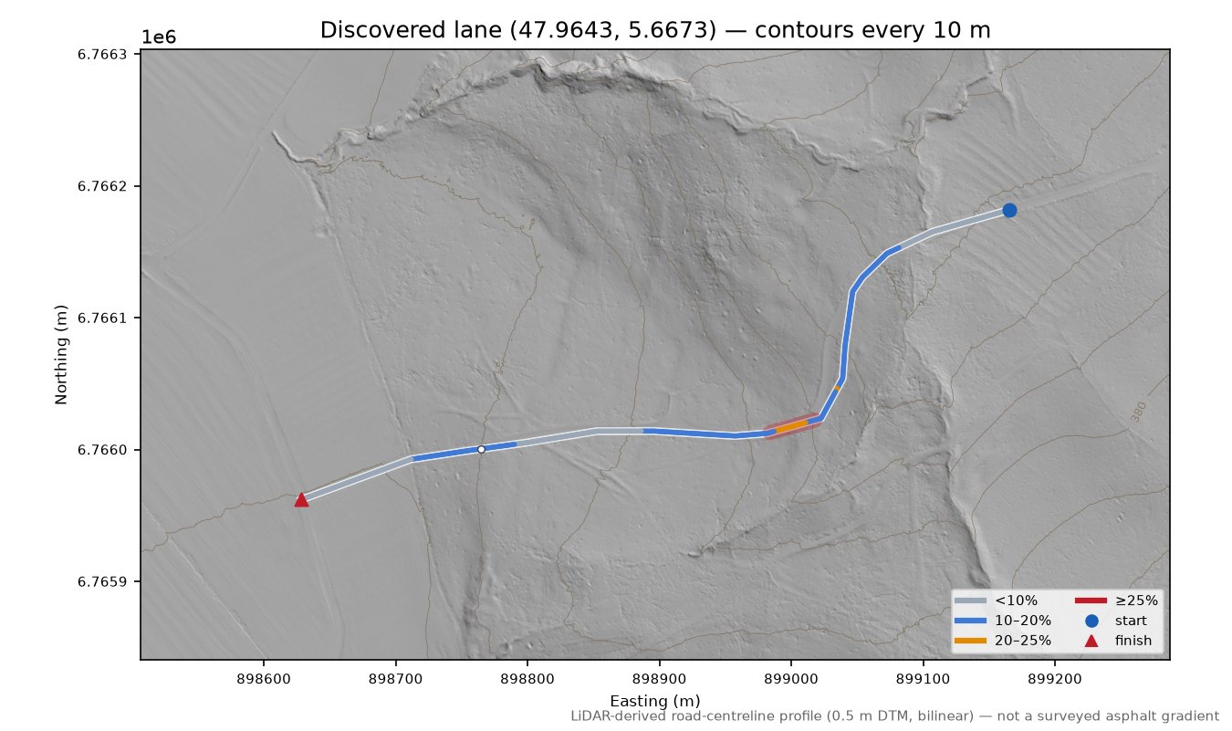 Discovered lane (47.9643, 5.6673) LiDAR hillshade map with contours