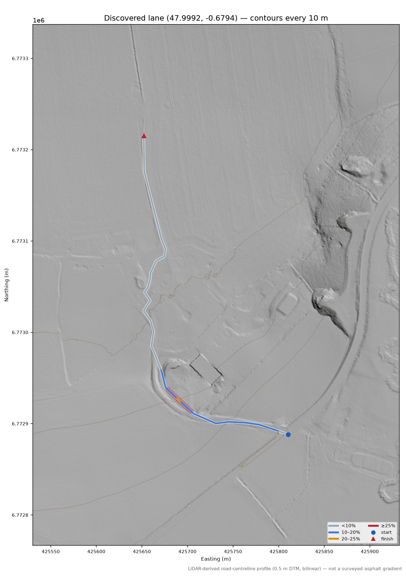 Discovered lane (47.9992, -0.6794) LiDAR hillshade map with contours
