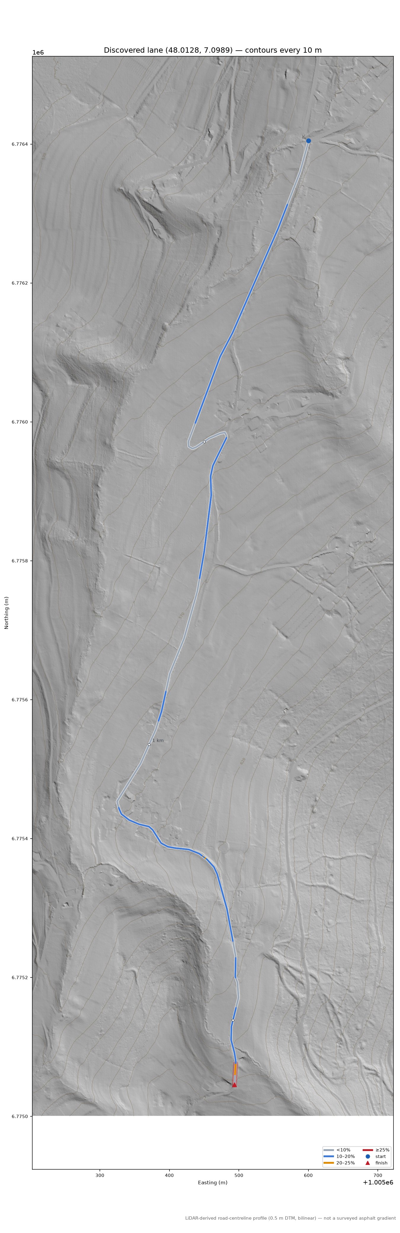Discovered lane (48.0128, 7.0989) LiDAR hillshade map with contours