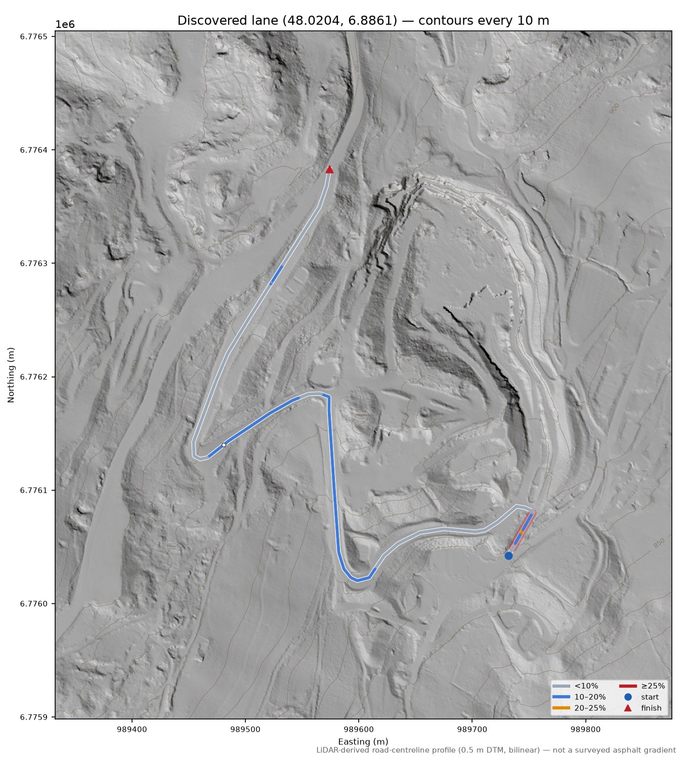 Discovered lane (48.0204, 6.8861) LiDAR hillshade map with contours