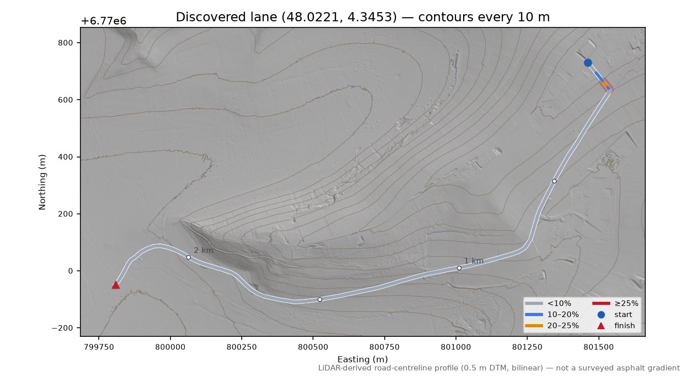 Discovered lane (48.0221, 4.3453) LiDAR hillshade map with contours