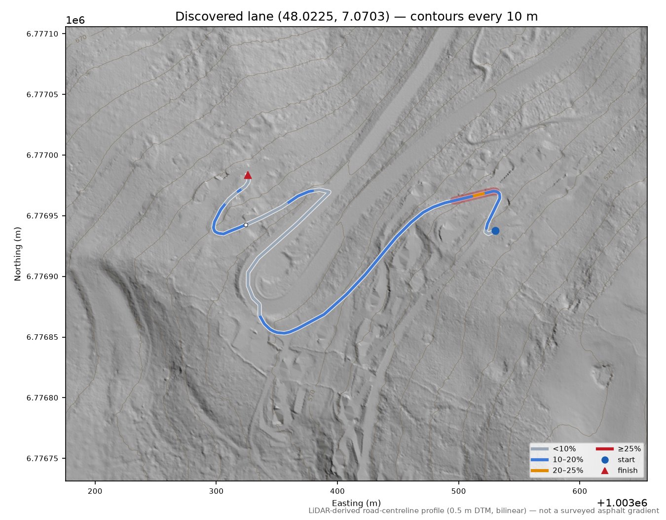 Discovered lane (48.0225, 7.0703) LiDAR hillshade map with contours