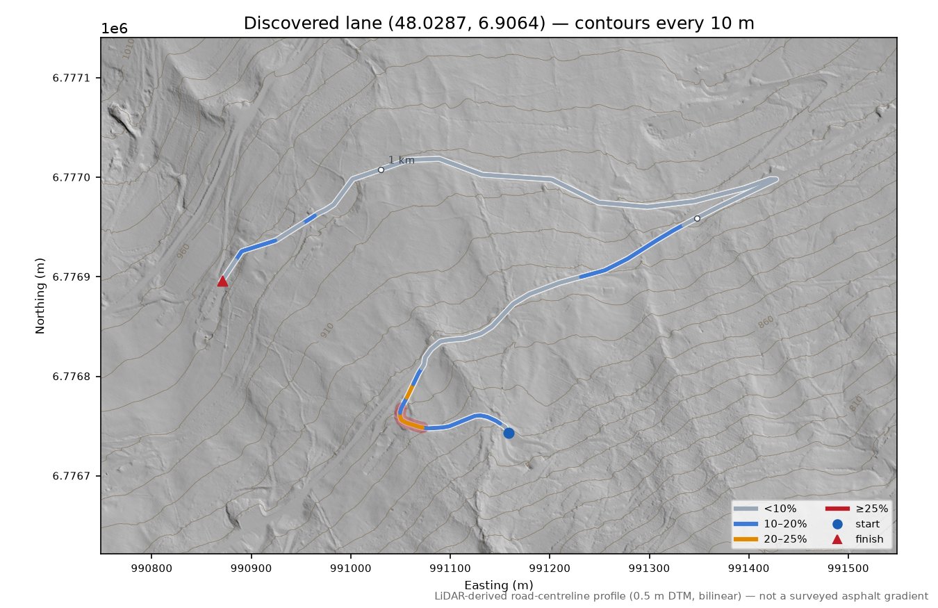 Discovered lane (48.0287, 6.9064) LiDAR hillshade map with contours