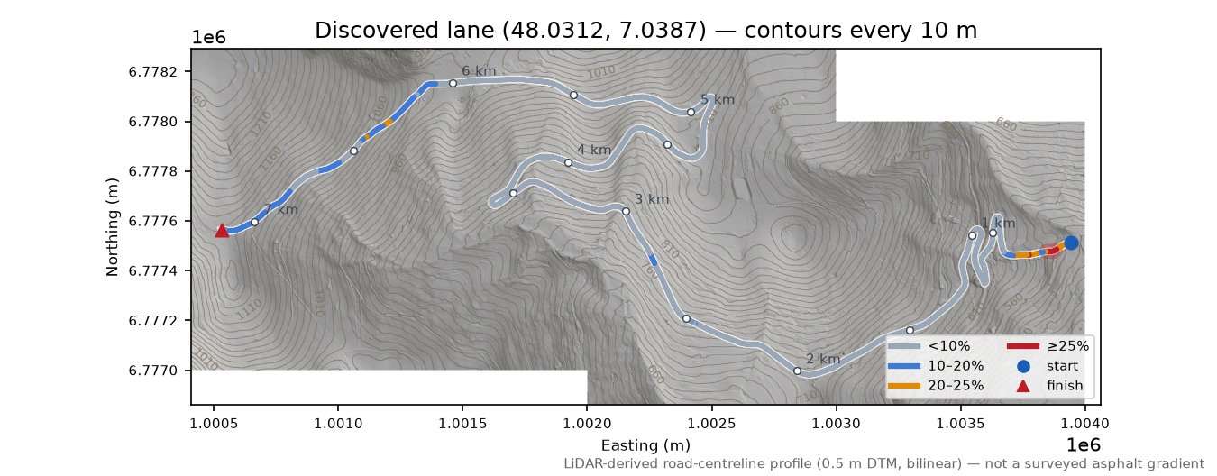 Discovered lane (48.0312, 7.0387) LiDAR hillshade map with contours