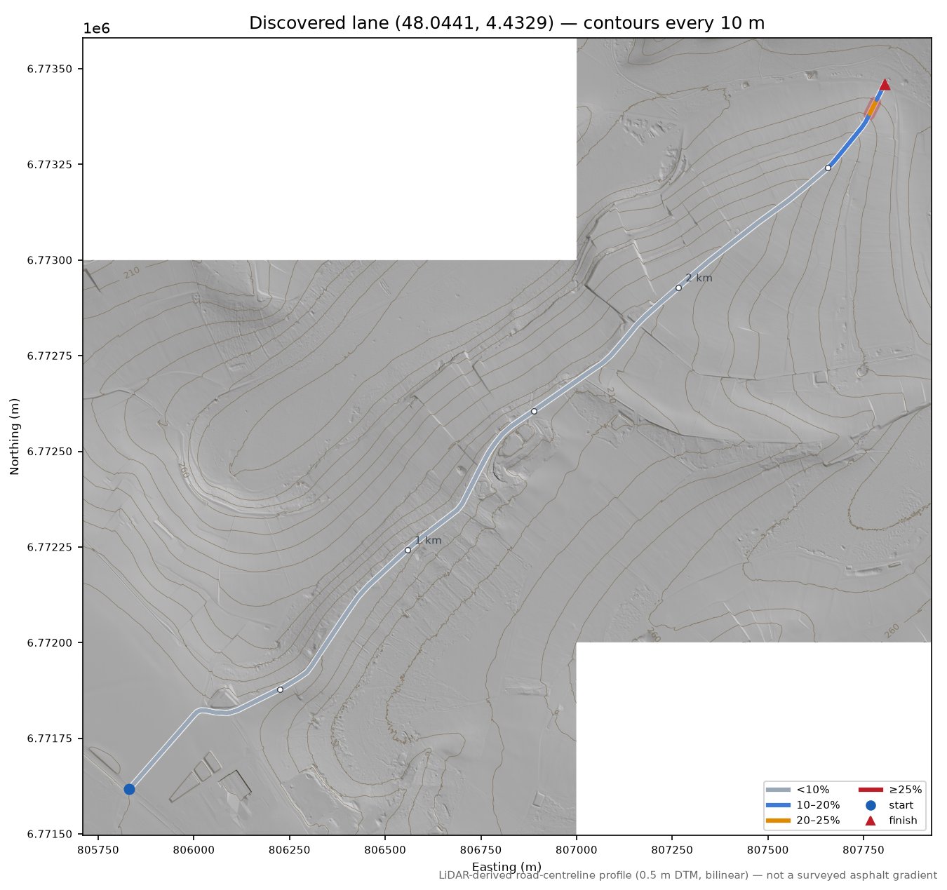 Discovered lane (48.0441, 4.4329) LiDAR hillshade map with contours