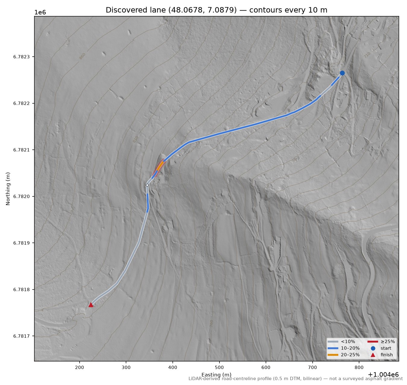 Discovered lane (48.0678, 7.0879) LiDAR hillshade map with contours