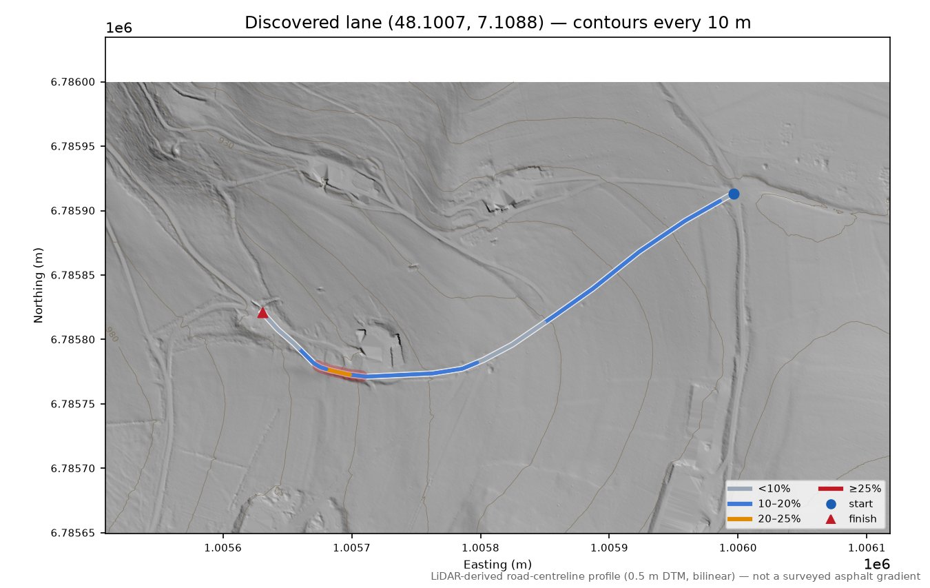 Discovered lane (48.1007, 7.1088) LiDAR hillshade map with contours